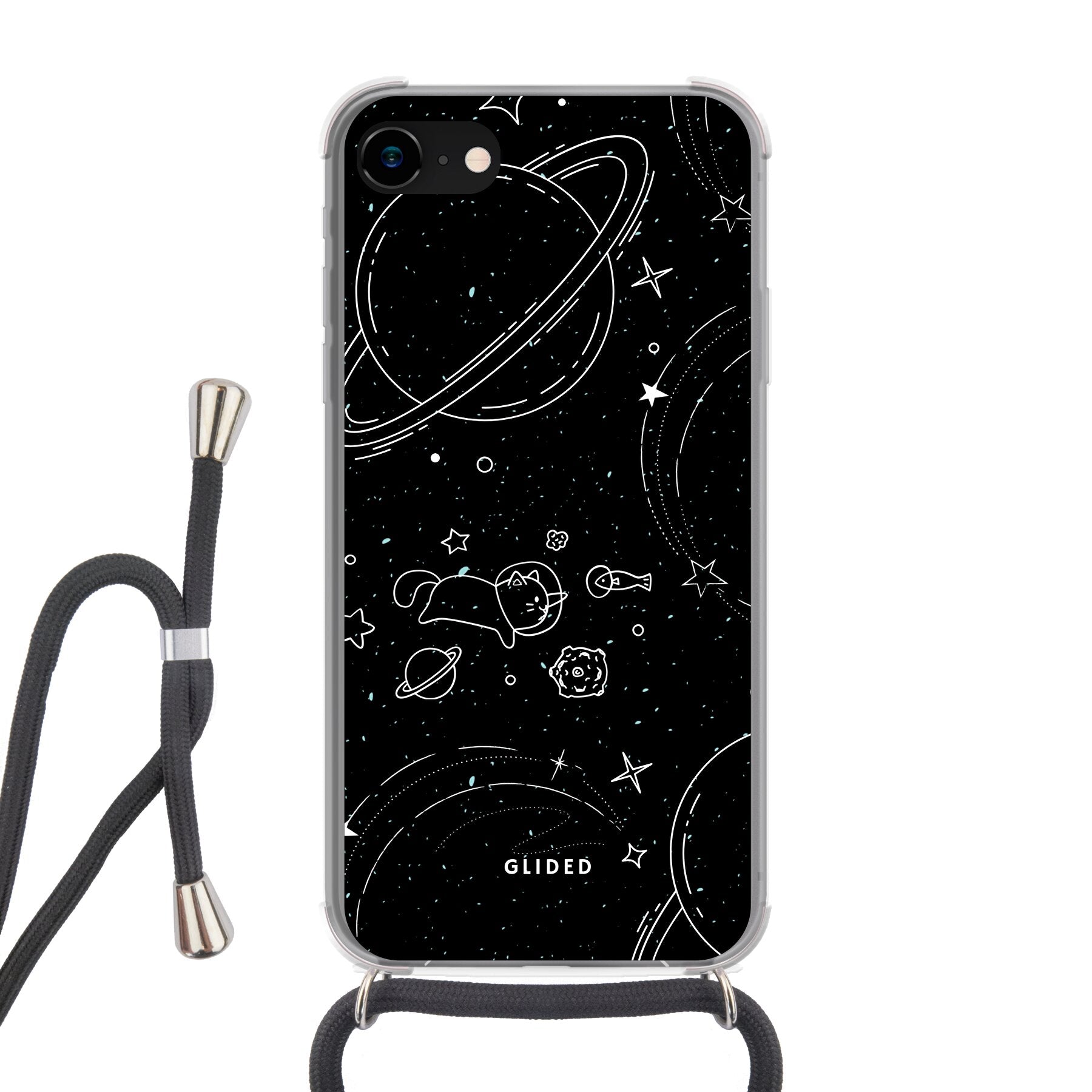 Cosmic Cat iPhone 8 Handyhülle mit funkelnden Sternen und majestätischer Katze auf dunklem Hintergrund.