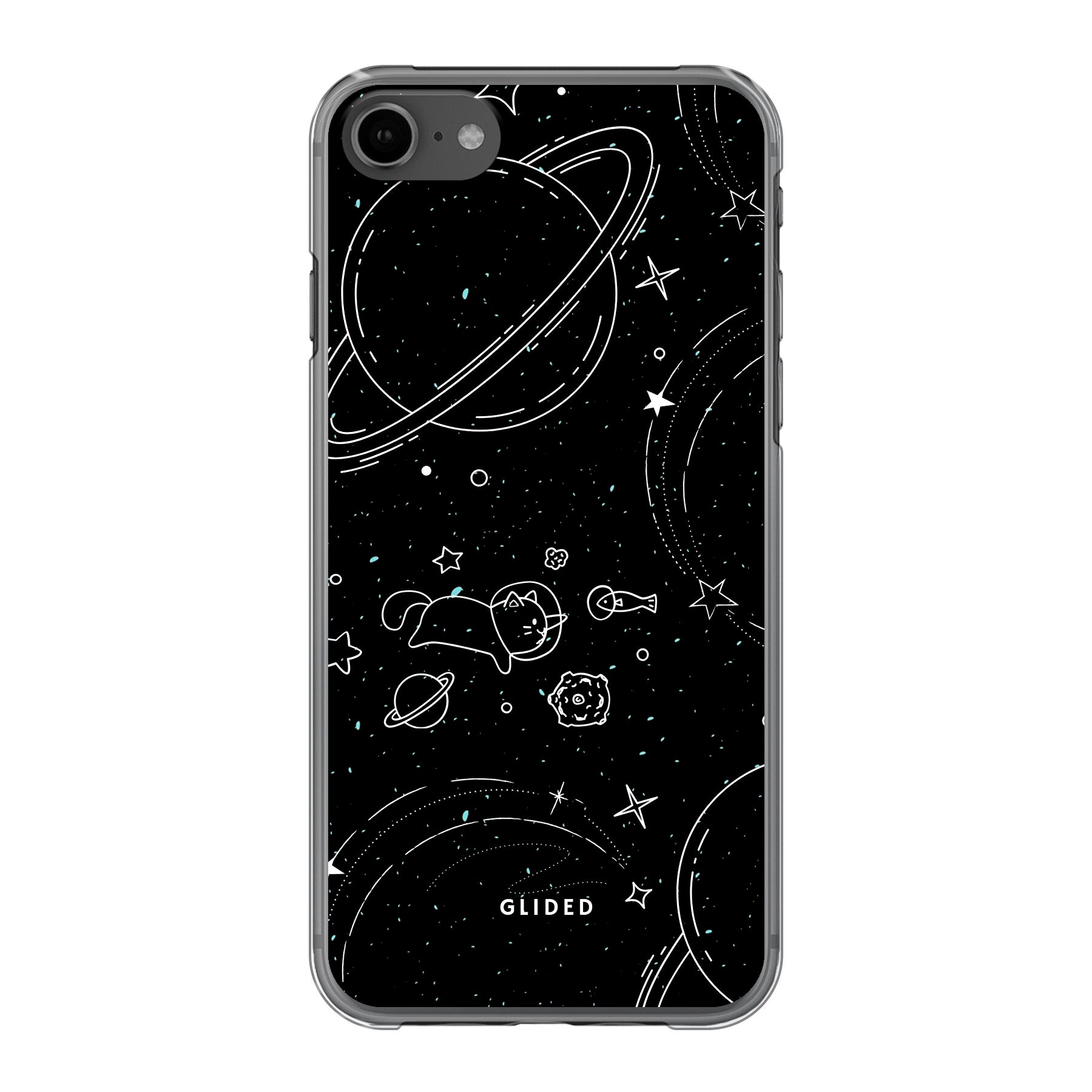 Cosmic Cat iPhone 8 Handyhülle mit funkelnden Sternen und majestätischer Katze auf dunklem Hintergrund.