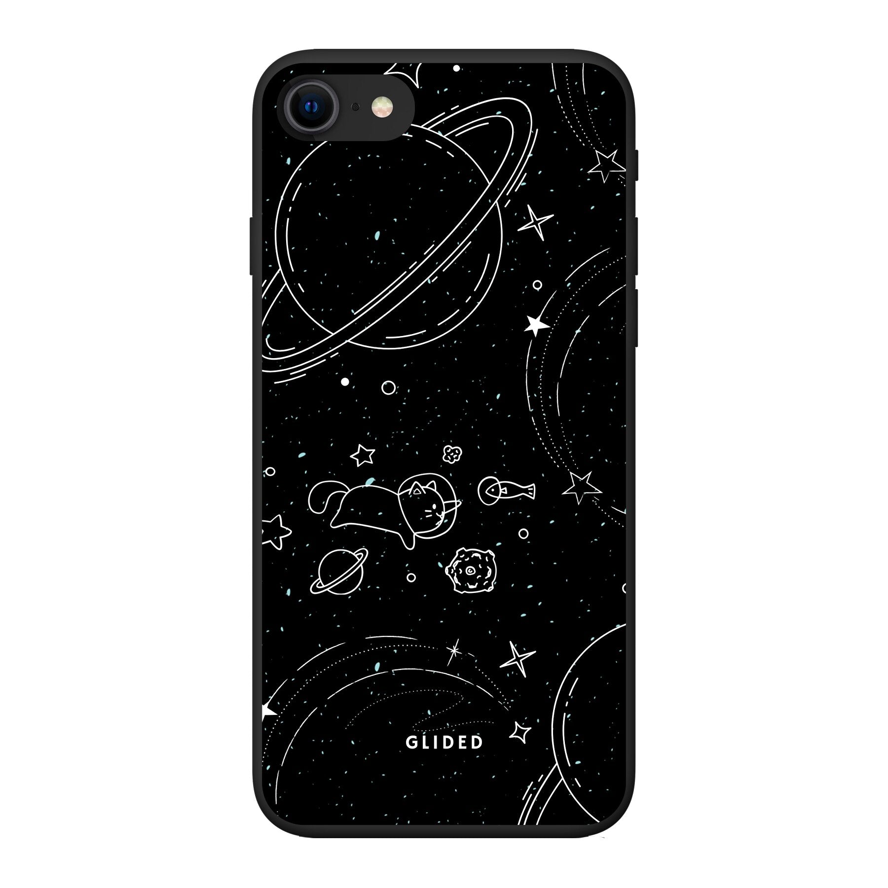 Cosmic Cat iPhone 8 Handyhülle mit funkelnden Sternen und majestätischer Katze auf dunklem Hintergrund.