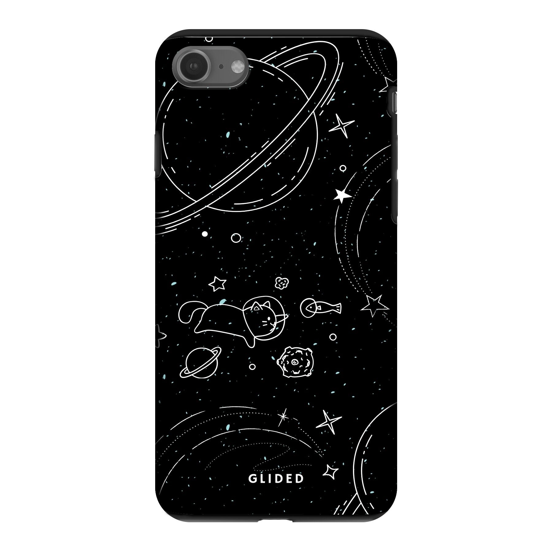 Cosmic Cat iPhone 8 Handyhülle mit funkelnden Sternen und majestätischer Katze auf dunklem Hintergrund.