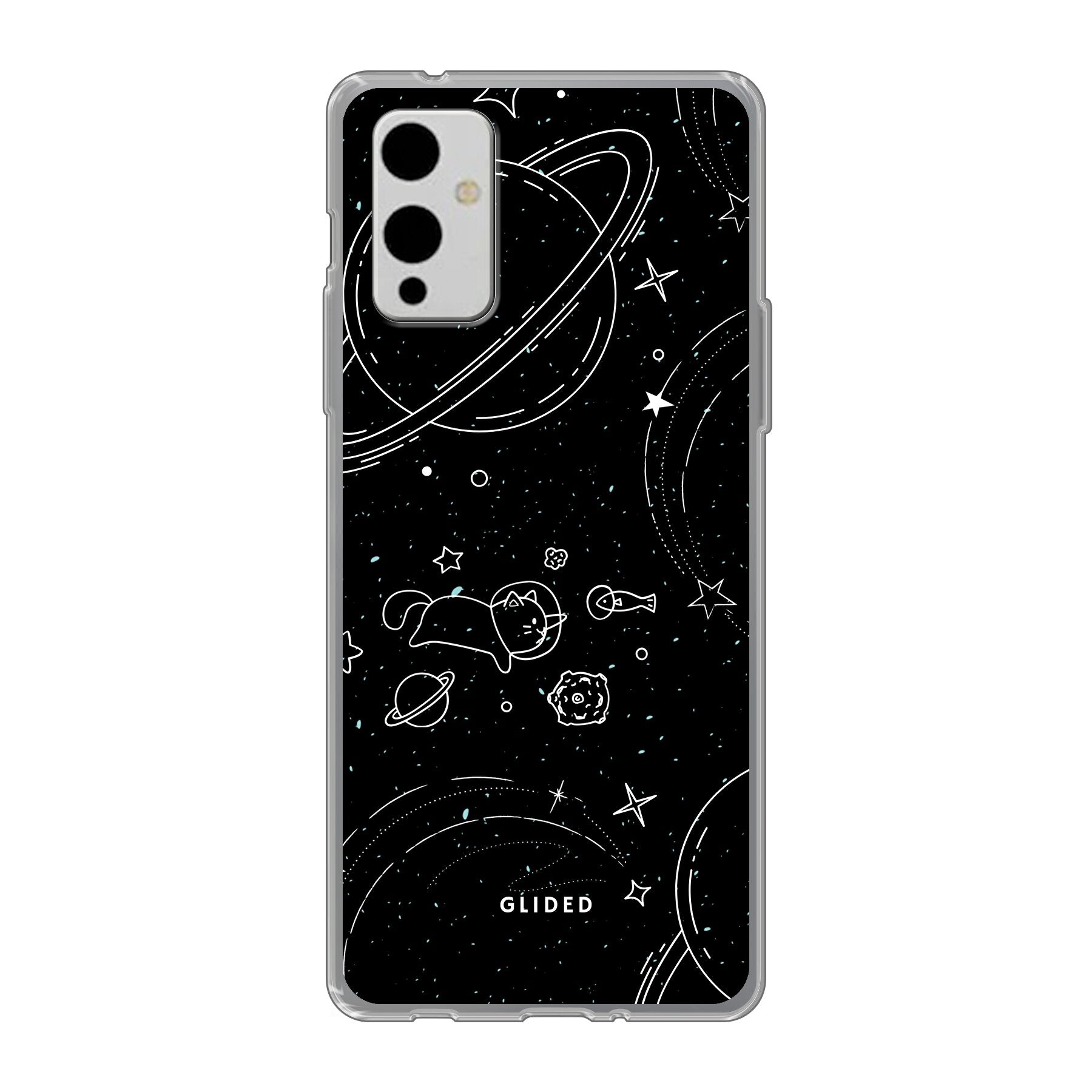 Cosmic Cat OnePlus 9 Handyhülle mit funkelnden Sternen und majestätischer Katze auf dunklem Hintergrund, idealer Schutz für dein Smartphone.