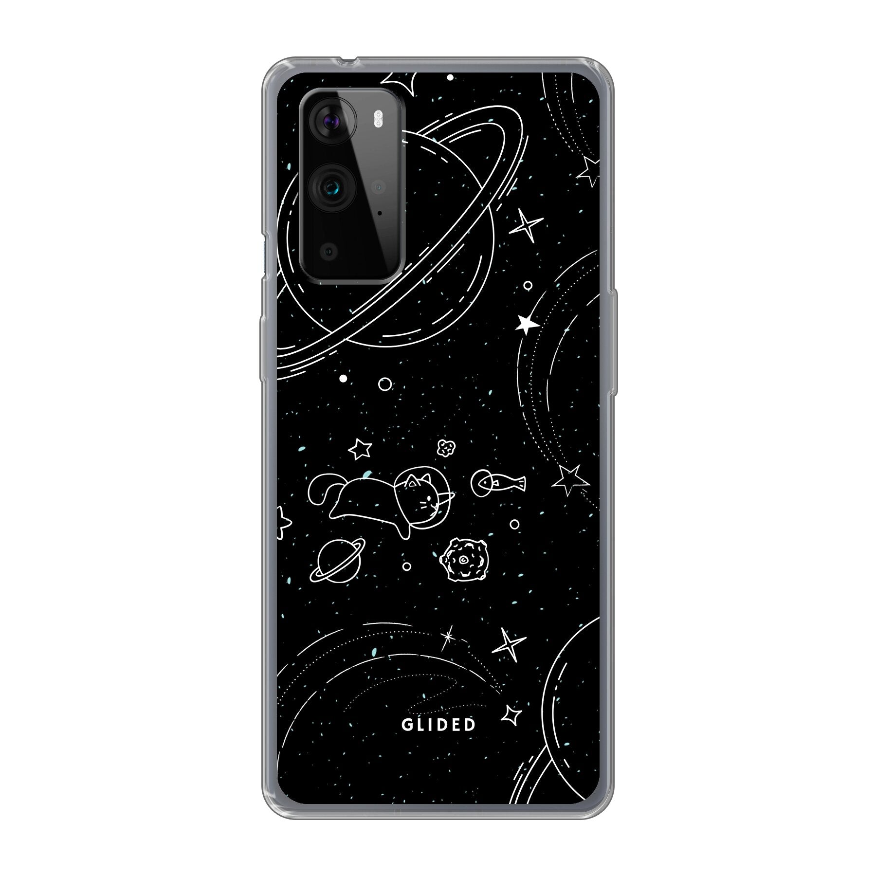 Cosmic Cat OnePlus 9 Pro Handyhülle mit funkelnden Sternen und majestätischer Katze auf dunklem Hintergrund.