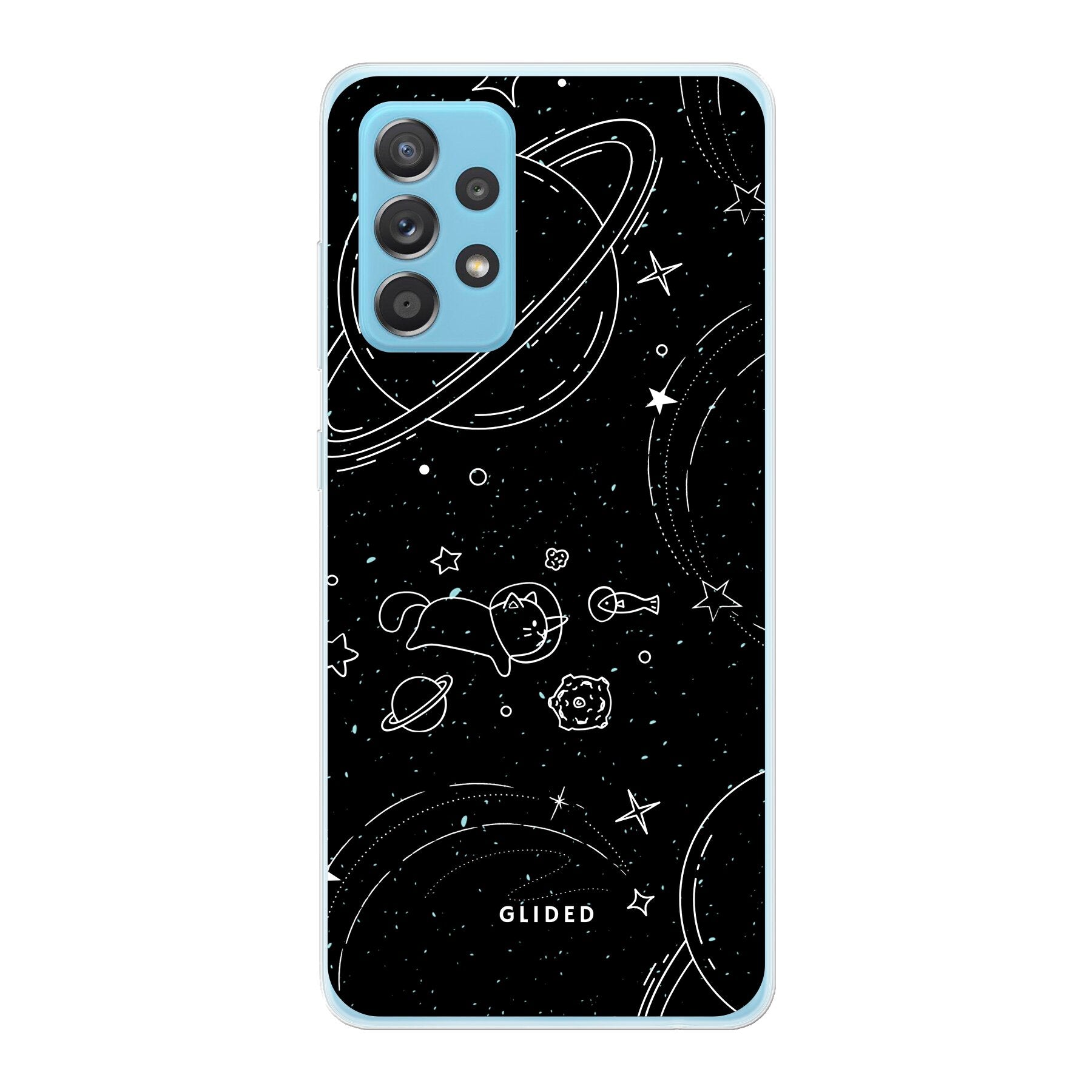 Cosmic Cat Hülle für Samsung Galaxy A53 5G mit funkelnden Sternen und majestätischer Katze auf dunklem Hintergrund.