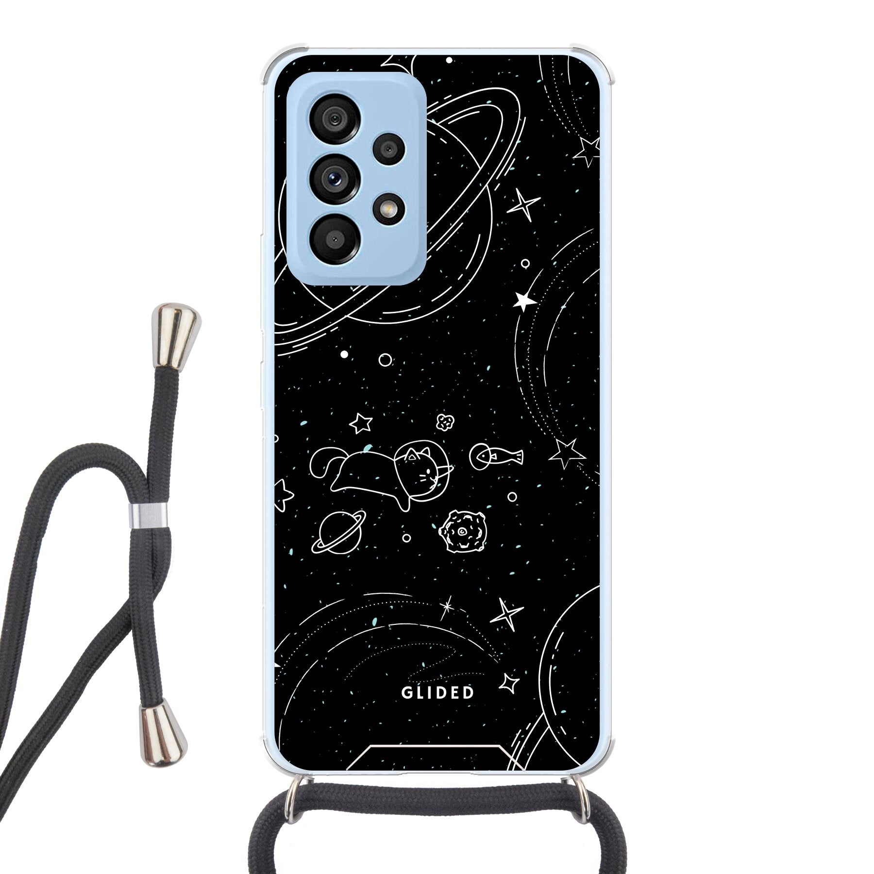 Cosmic Cat Hülle für Samsung Galaxy A53 5G mit funkelnden Sternen und majestätischer Katze auf dunklem Hintergrund.