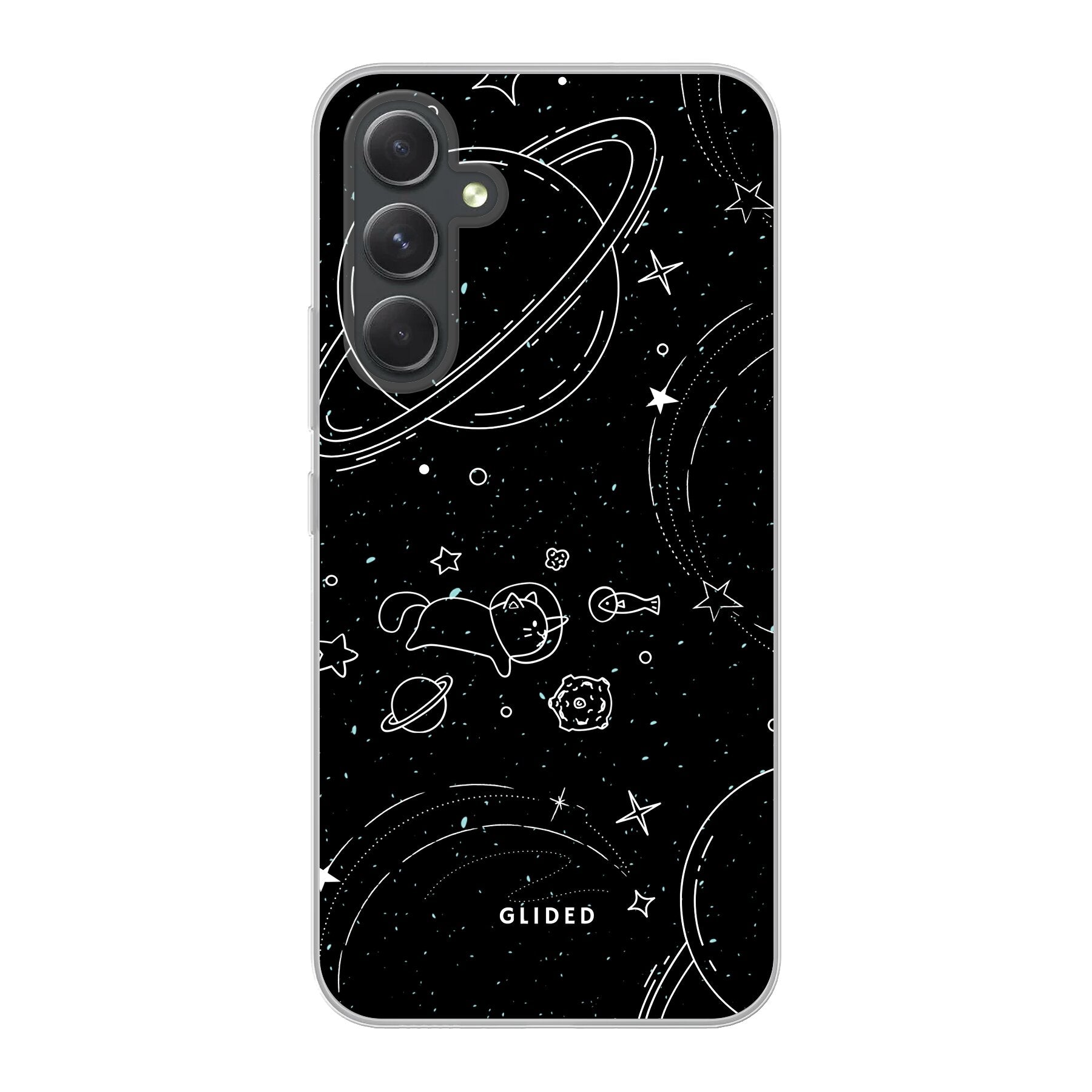 Cosmic Cat Handyhülle für Samsung Galaxy A54 5G mit funkelnden Sternen und einer majestätischen Katze auf dunklem Hintergrund.