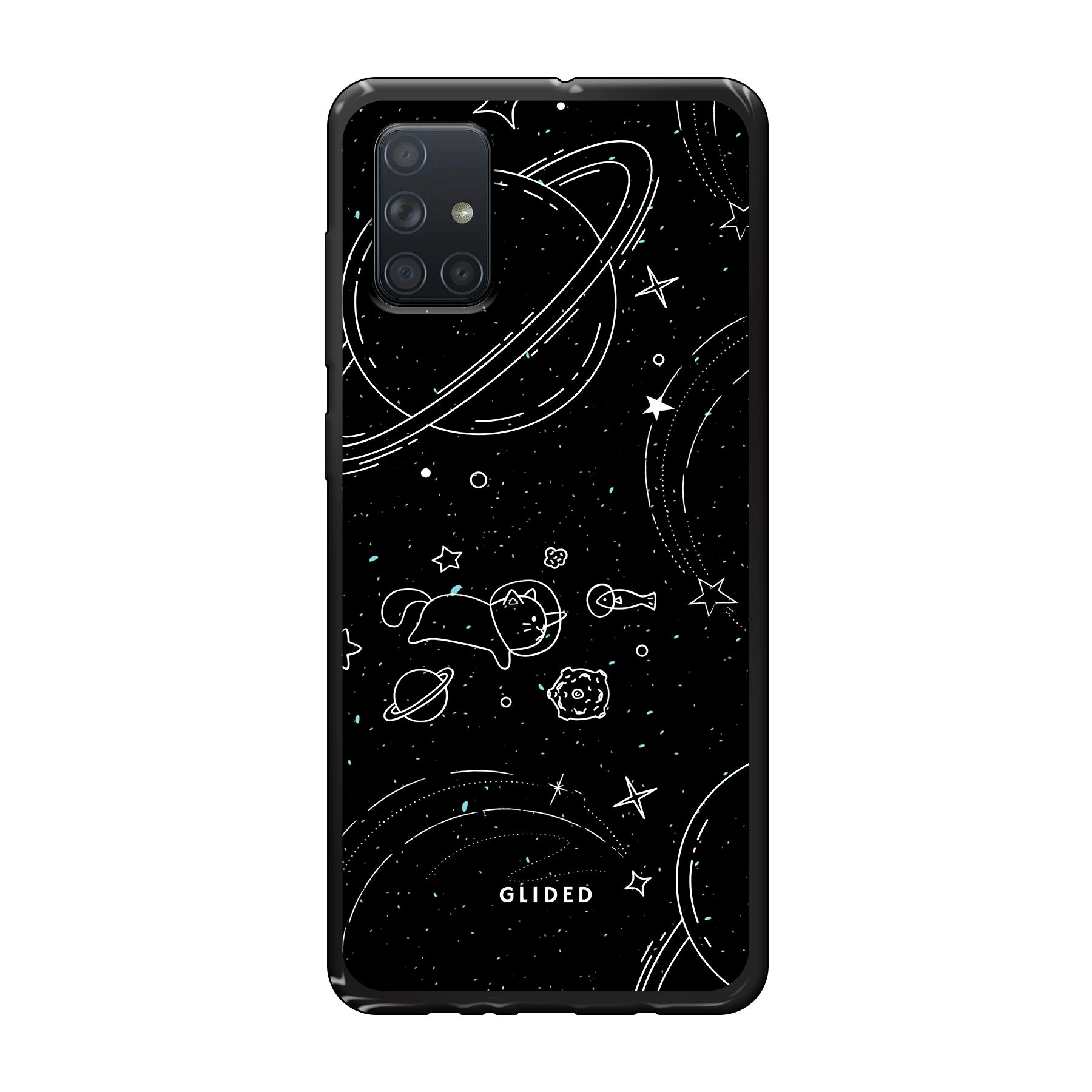 Cosmic Cat Handyhülle für Samsung Galaxy A71 mit funkelnden Sternen und majestätischer Katze auf dunklem Hintergrund.