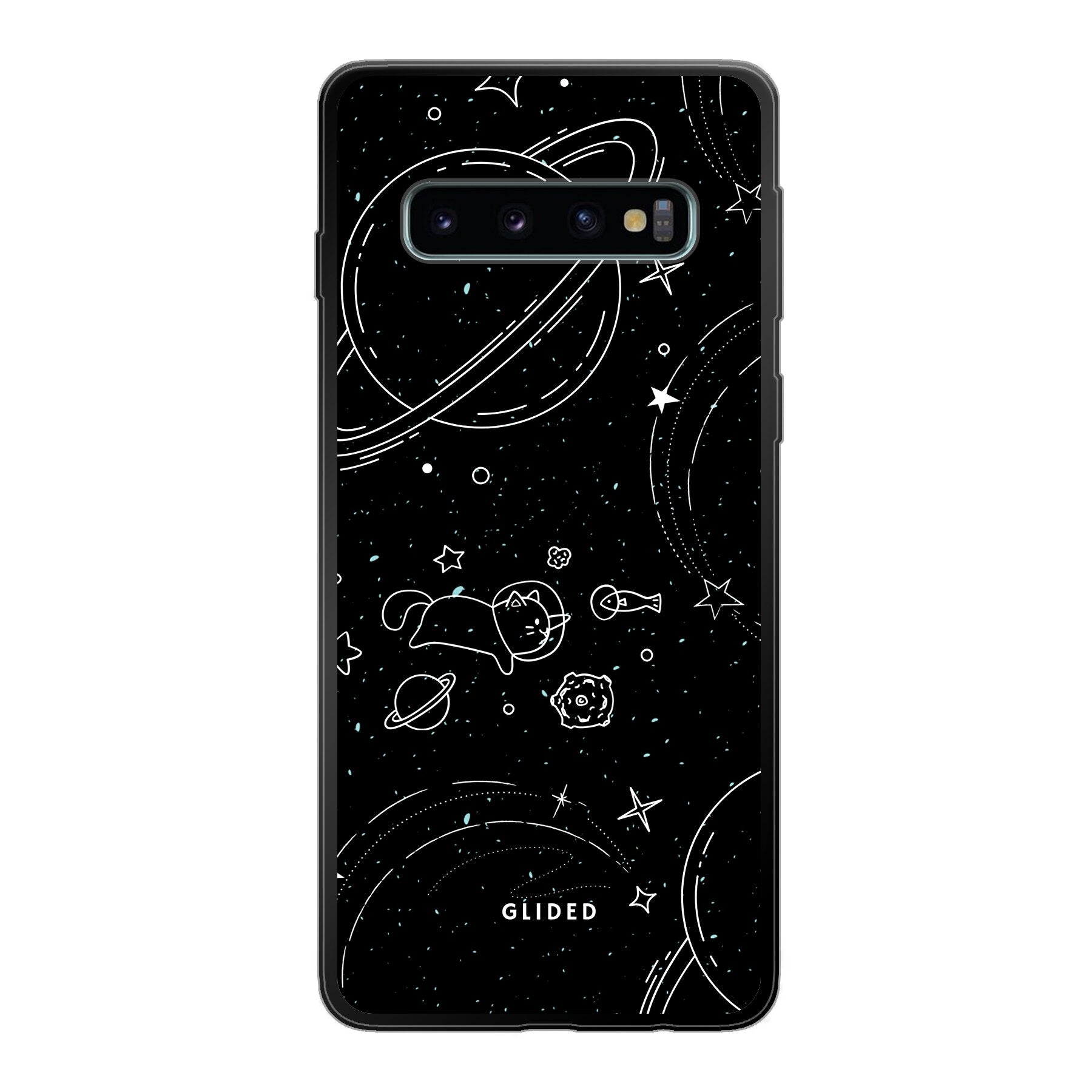 Cosmic Cat Handyhülle für Samsung Galaxy S10 mit funkelnden Sternen und majestätischer Katze auf dunklem Hintergrund.