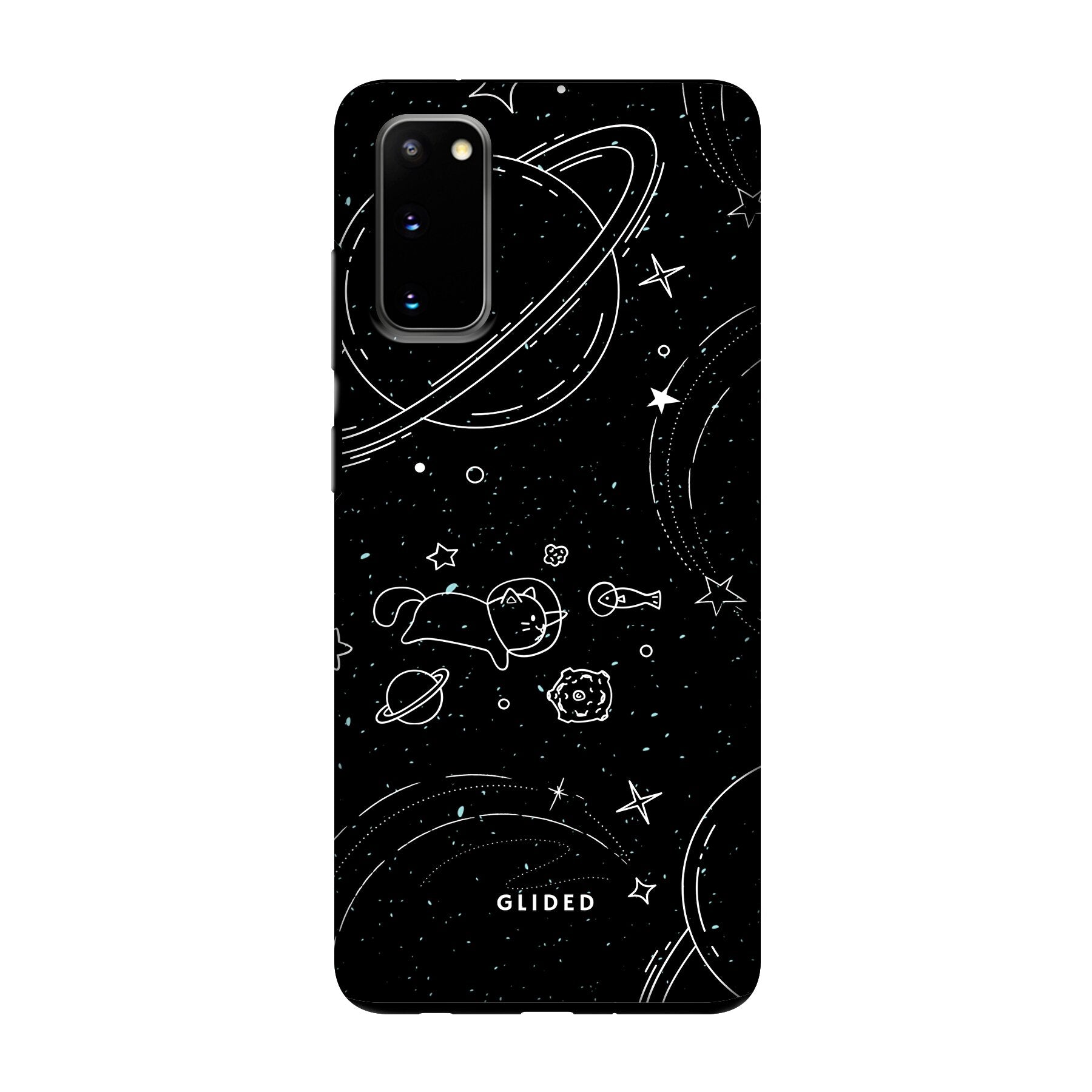 Cosmic Cat Handyhülle für Samsung Galaxy S20/S20 5G mit funkelnden Sternen und majestätischer Katze auf dunklem Hintergrund.