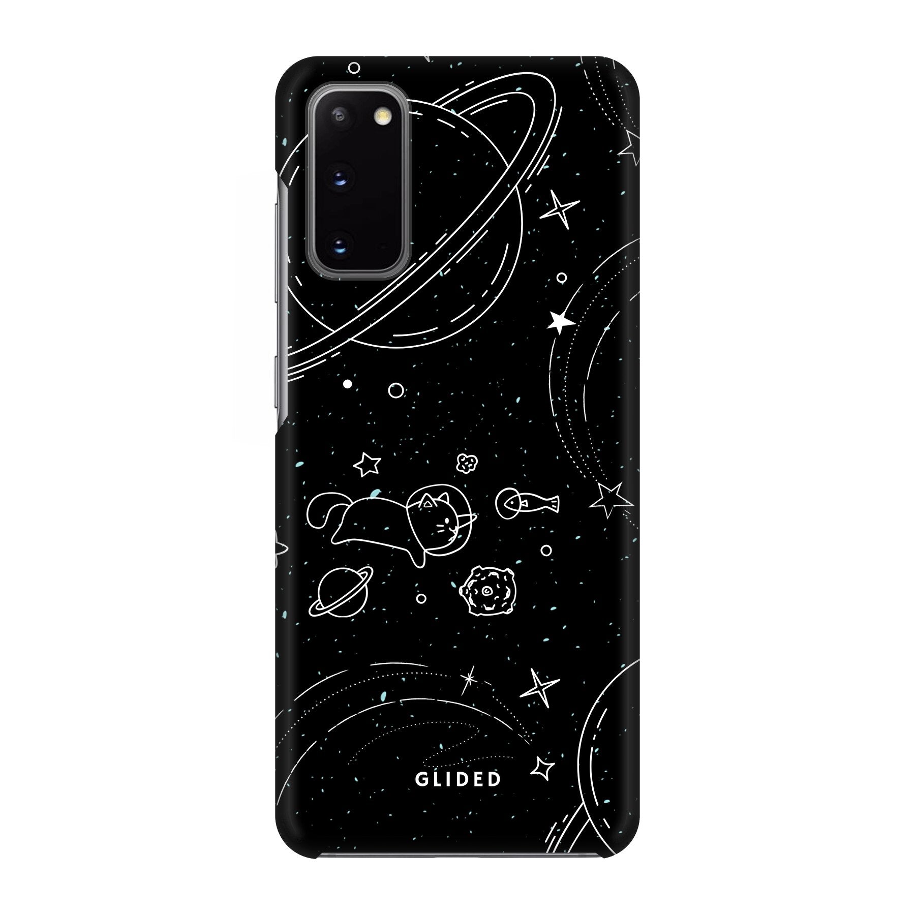 Cosmic Cat Handyhülle für Samsung Galaxy S20/S20 5G mit funkelnden Sternen und majestätischer Katze auf dunklem Hintergrund.