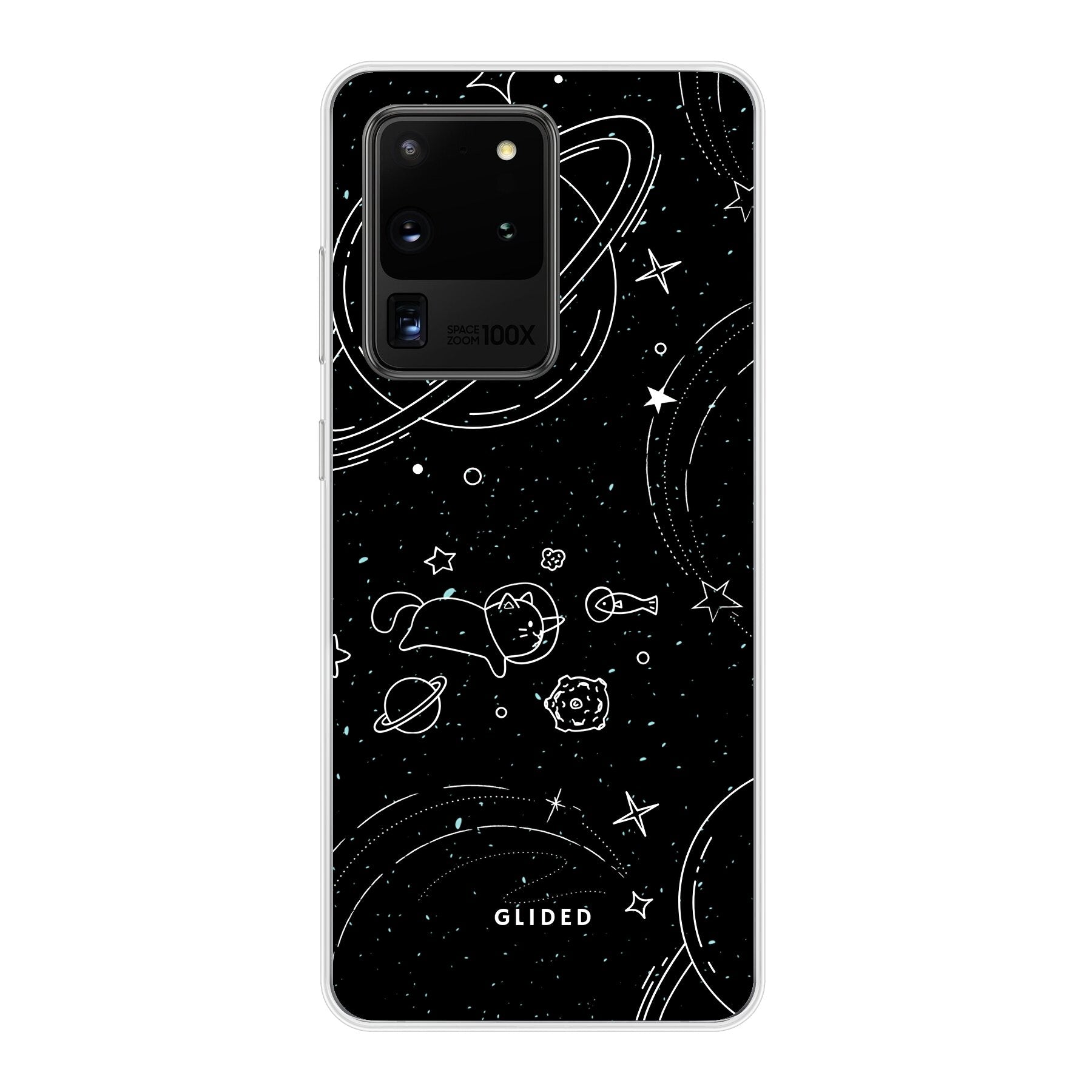 Cosmic Cat Handyhülle für Samsung Galaxy S20/S20 5G mit funkelnden Sternen und majestätischer Katze auf dunklem Hintergrund.