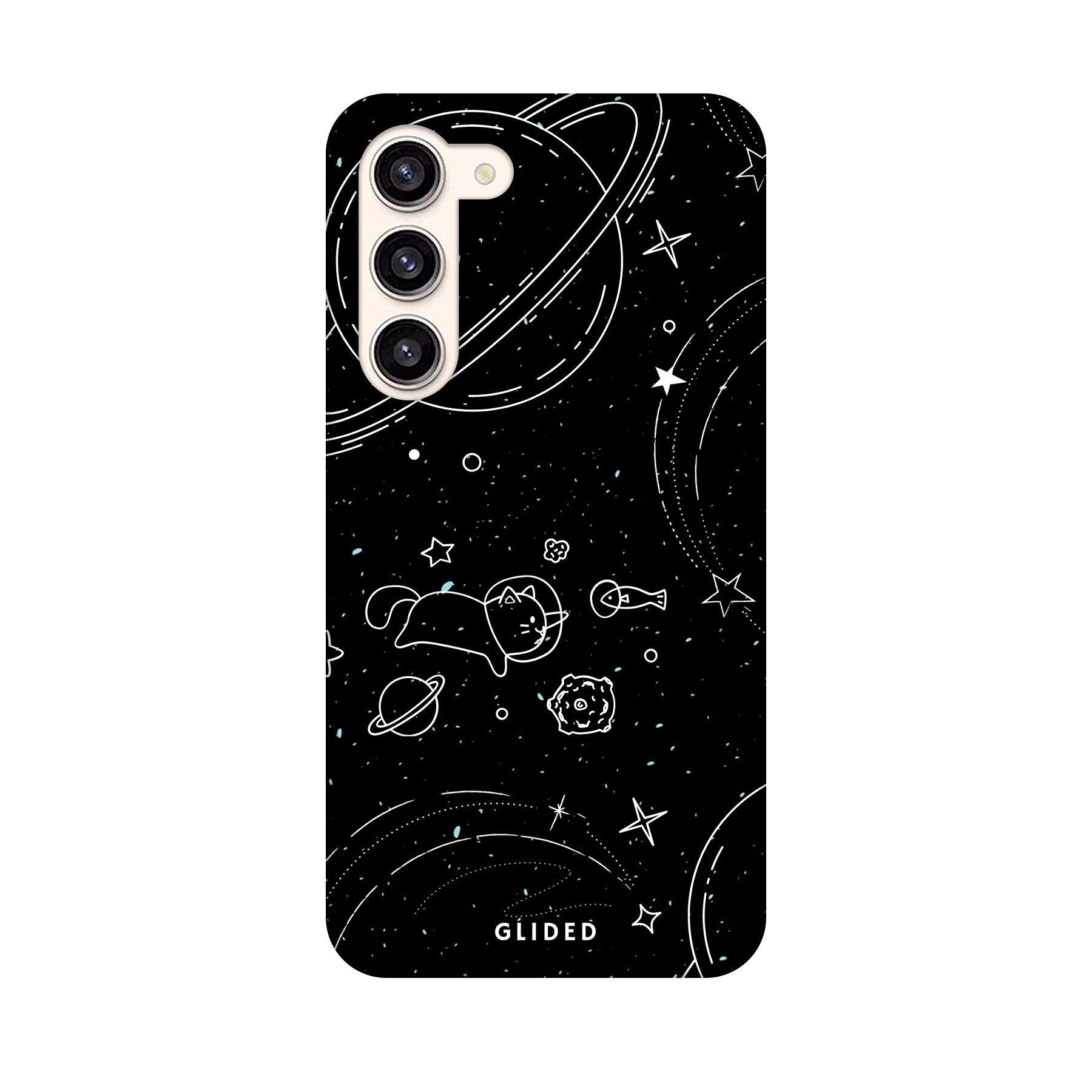 Cosmic Cat Handyhülle für Samsung Galaxy S23 Plus mit funkelnden Sternen und einer majestätischen Katze auf dunklem Hintergrund.