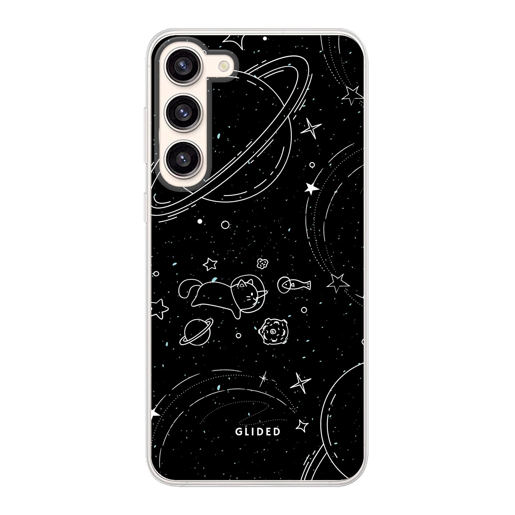 Cosmic Cat Handyhülle für Samsung Galaxy S23 Plus mit funkelnden Sternen und einer majestätischen Katze auf dunklem Hintergrund.