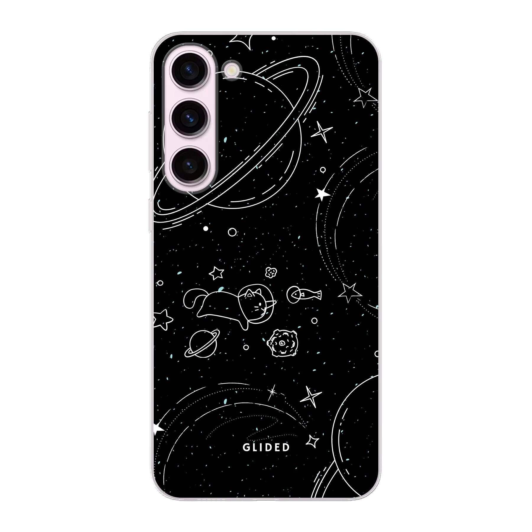 Cosmic Cat Handyhülle für Samsung Galaxy S23 Plus mit funkelnden Sternen und einer majestätischen Katze auf dunklem Hintergrund.