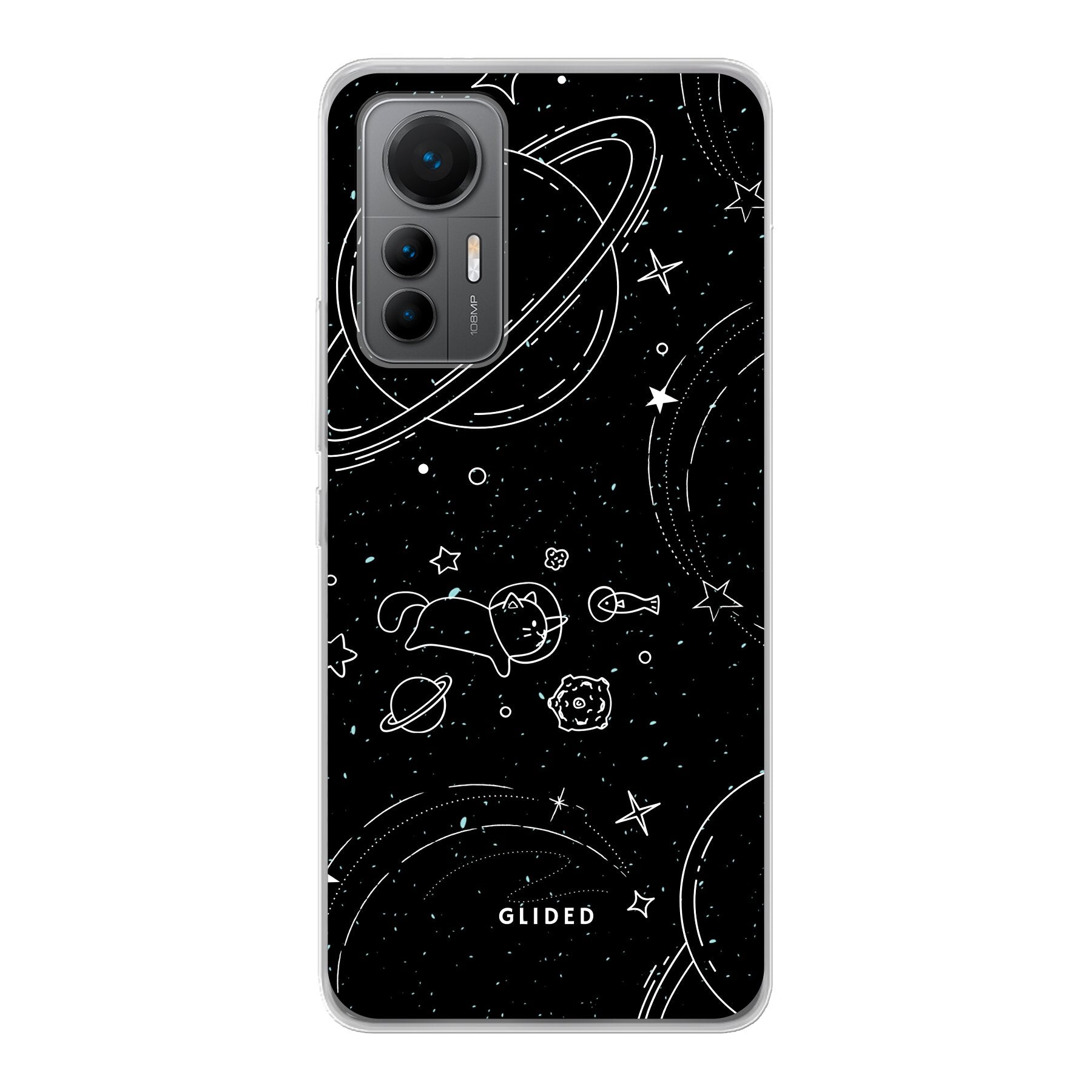 Cosmic Cat Xiaomi 12 Lite Handyhülle mit funkelnden Sternen und majestätischer Katze auf dunklem Hintergrund.