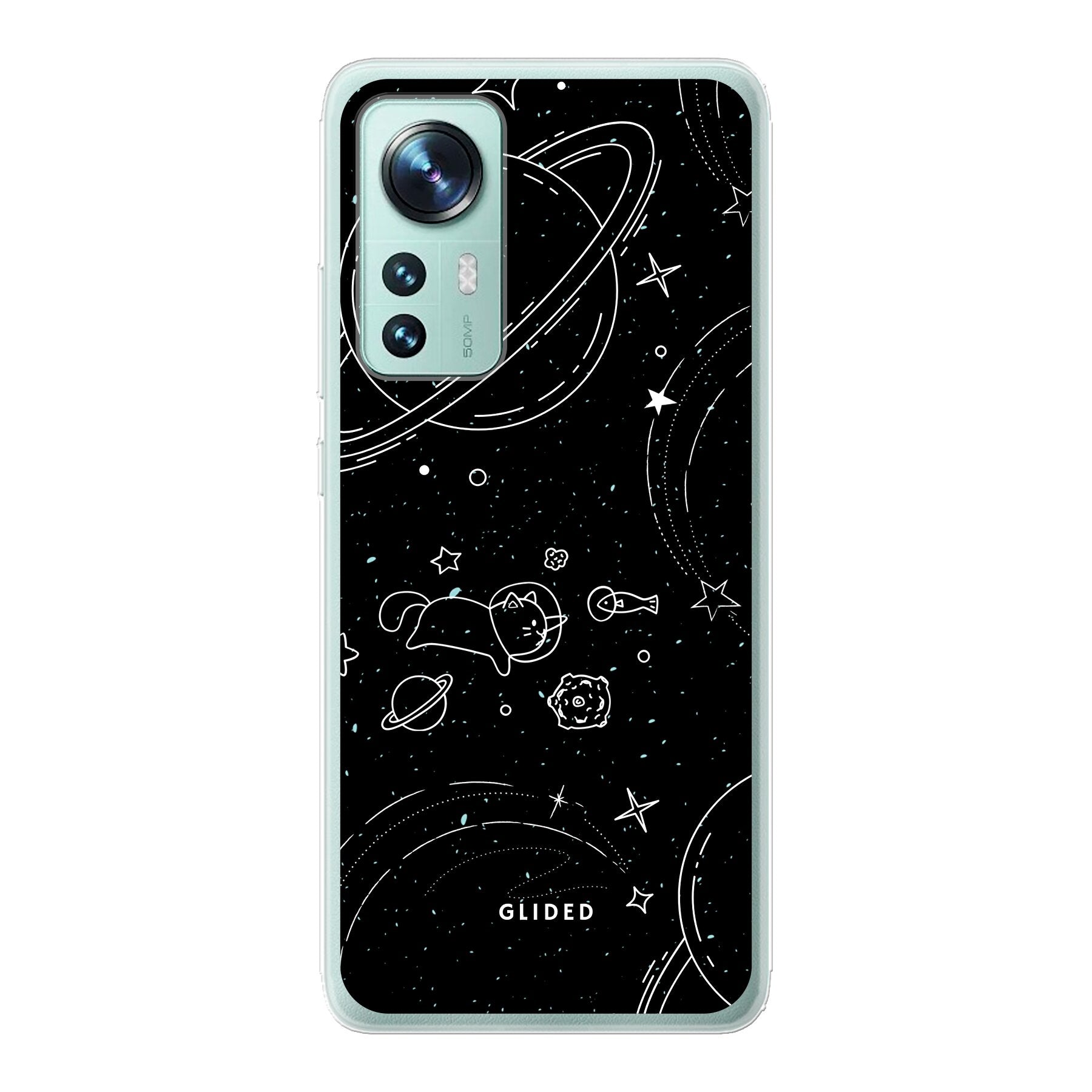 Cosmic Cat Xiaomi 12 Pro Handyhülle mit funkelnden Sternen und majestätischer Katze auf dunklem Hintergrund.