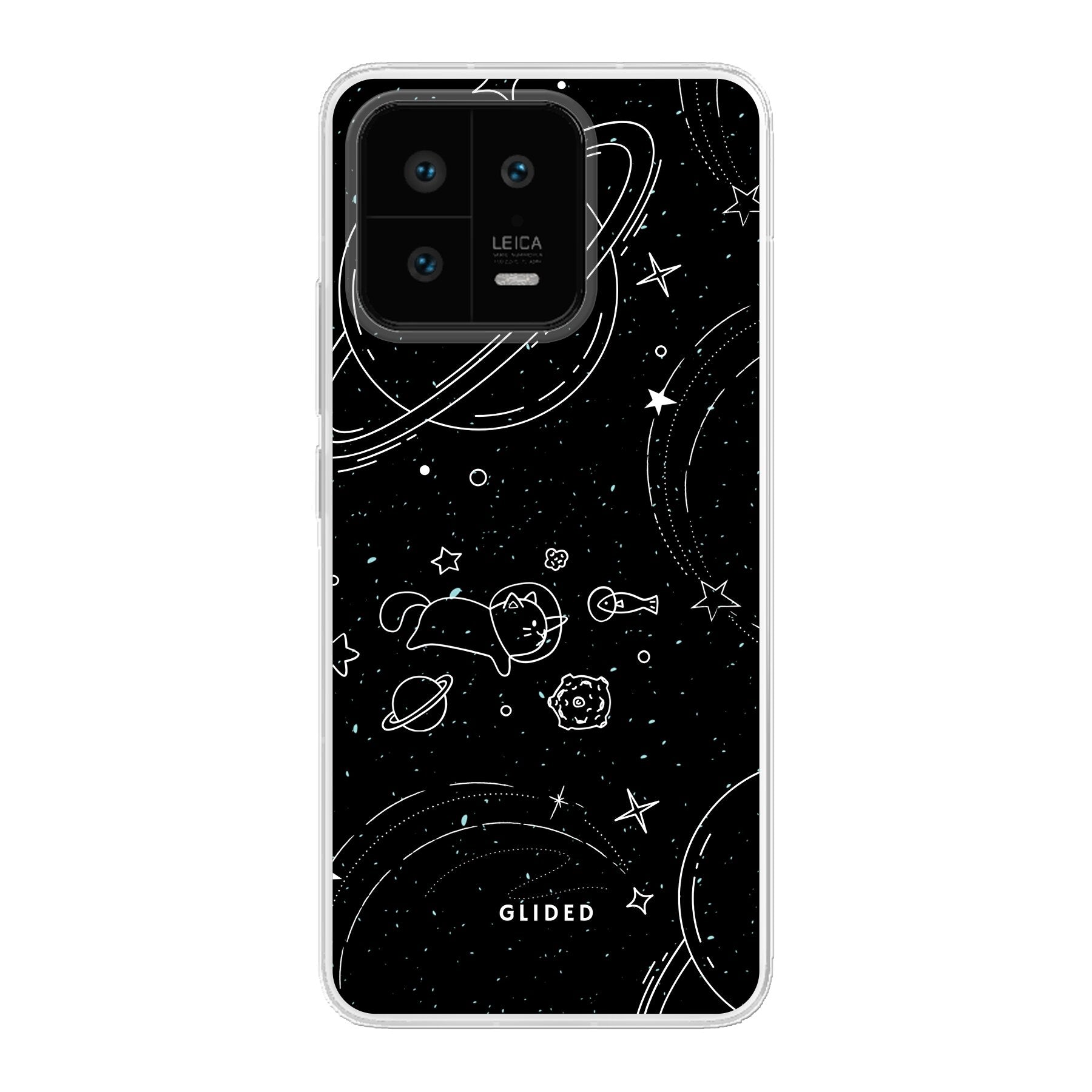 Cosmic Cat Xiaomi 13 Handyhülle mit funkelnden Sternen und majestätischer Katze auf dunklem Hintergrund.