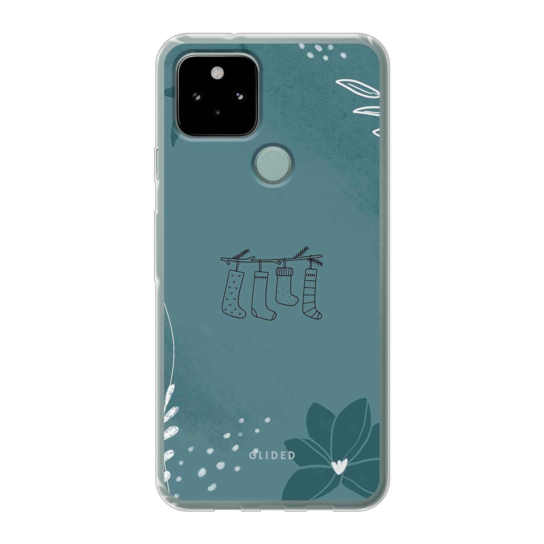 Cozy Google Pixel 5 Handyhülle mit niedlichen Weihnachtssocken auf festlichem Hintergrund, idealer Schutz und stilvolles Design.