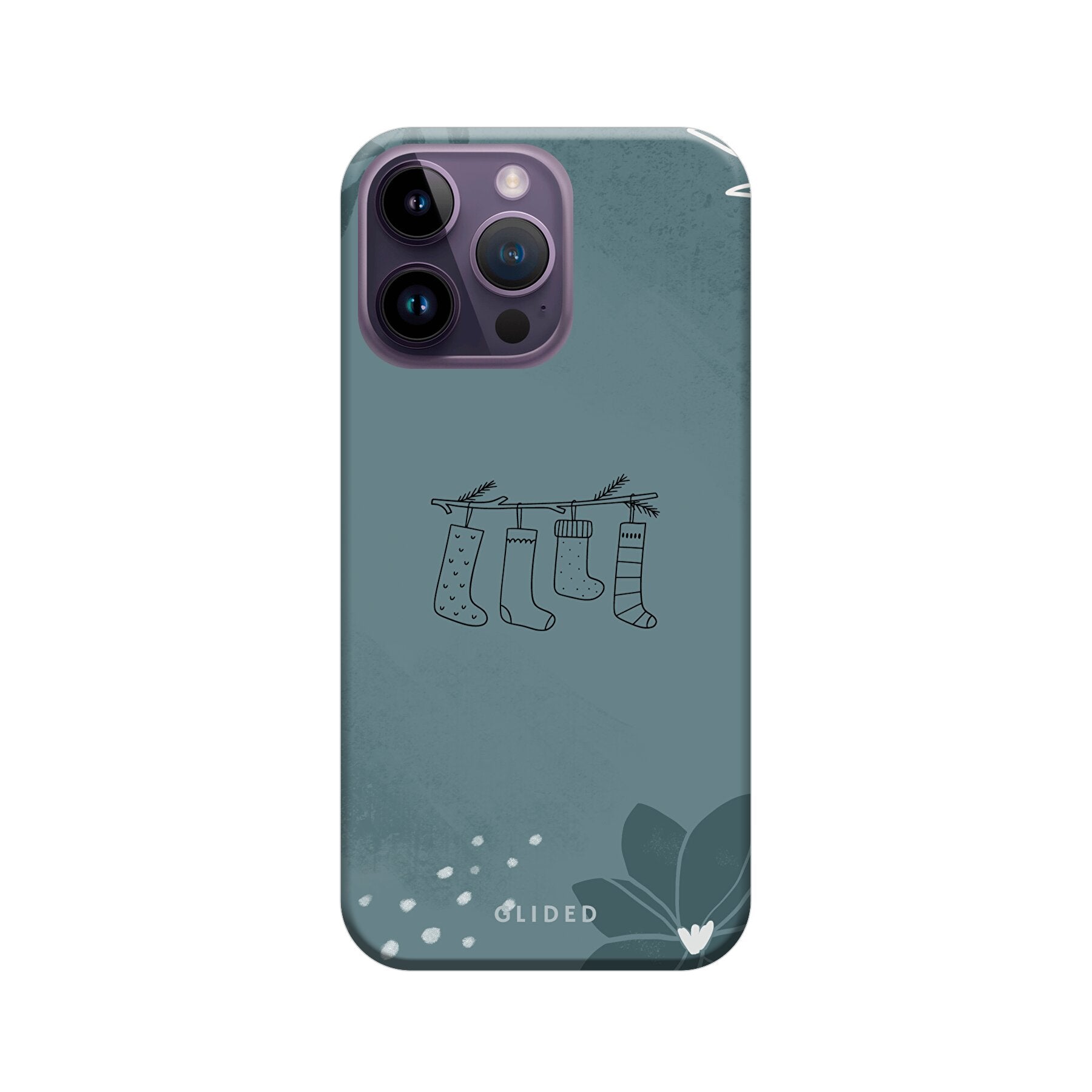 Cozy iPhone 14 Pro Max Handyhülle mit niedlichen Weihnachtssocken auf festlichem Hintergrund, idealer Schutz und stilvolles Design.