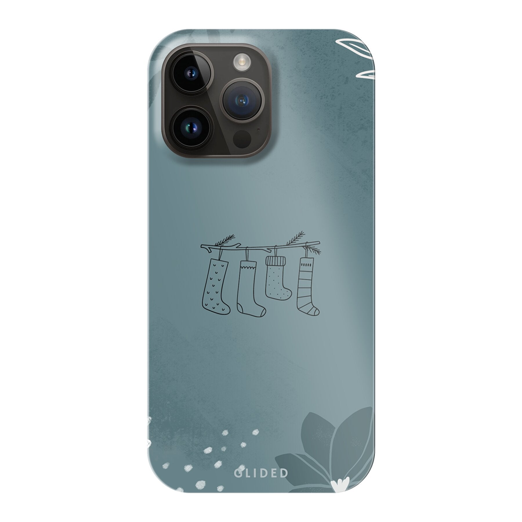 Cozy iPhone 14 Pro Max Handyhülle mit niedlichen Weihnachtssocken auf festlichem Hintergrund, idealer Schutz und stilvolles Design.