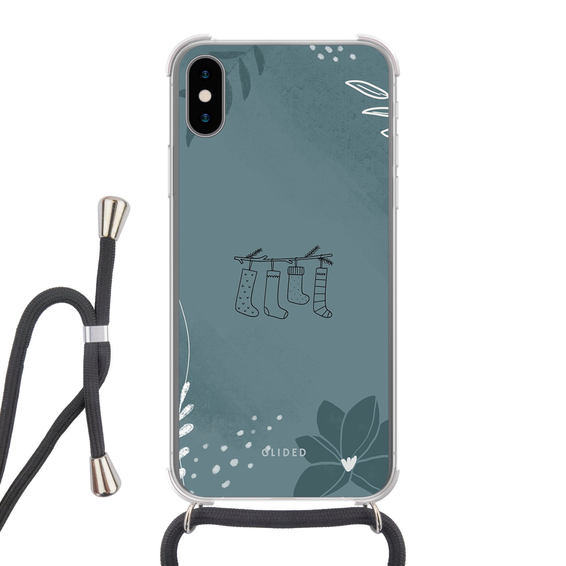 Cozy iPhone X/Xs Handyhülle mit niedlichen Weihnachtssocken auf festlichem Hintergrund, idealer Schutz und stilvolles Design.