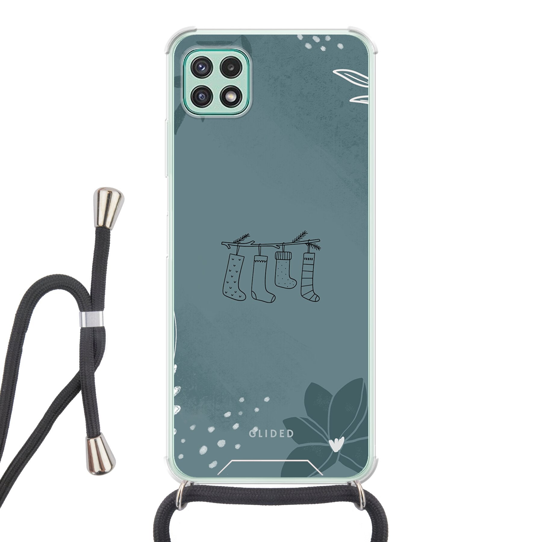 Cozy Handyhülle für Samsung Galaxy A22 5G mit Weihnachtsmotiven und süßen Socken auf festlichem Hintergrund.