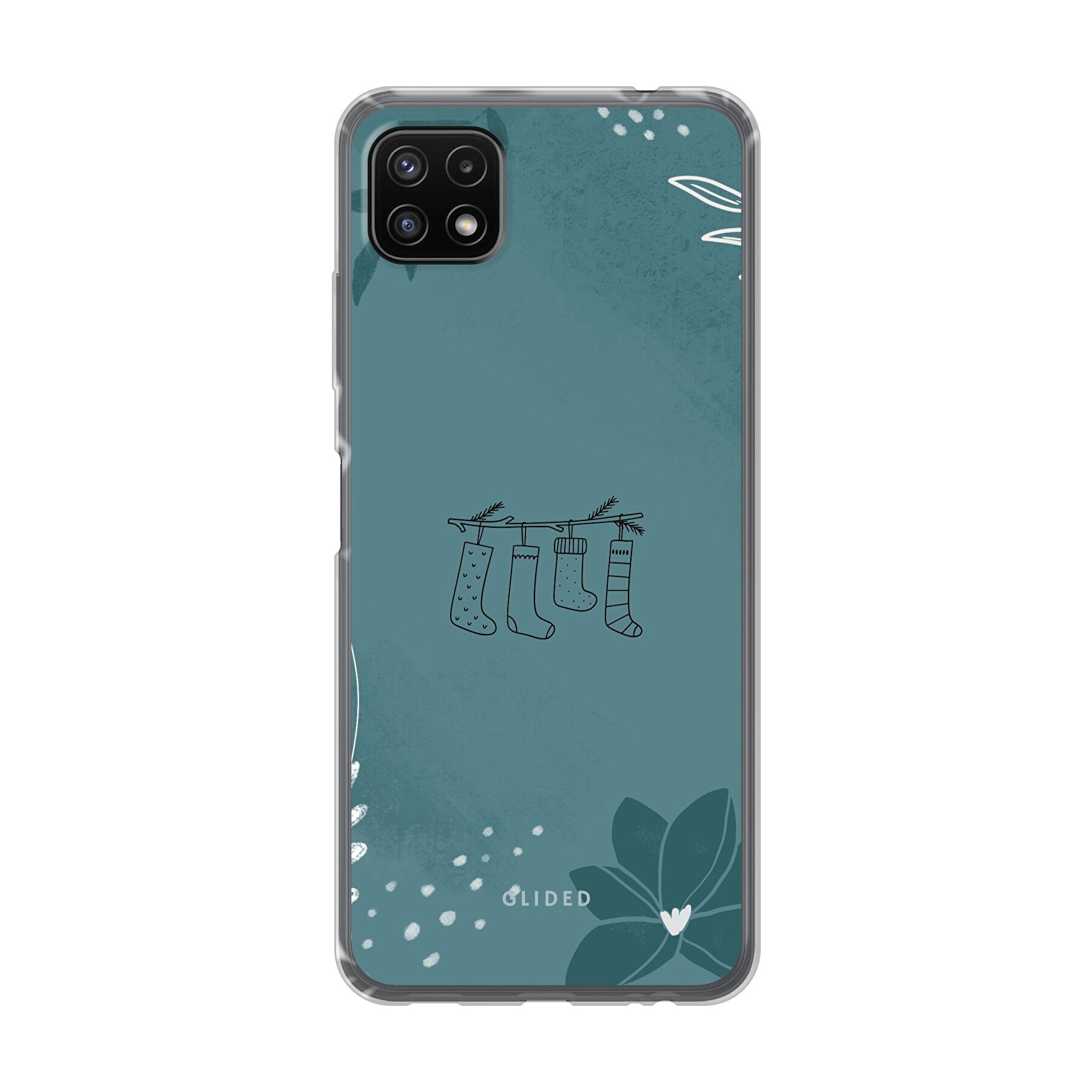 Cozy Handyhülle für Samsung Galaxy A22 5G mit Weihnachtsmotiven und süßen Socken auf festlichem Hintergrund.