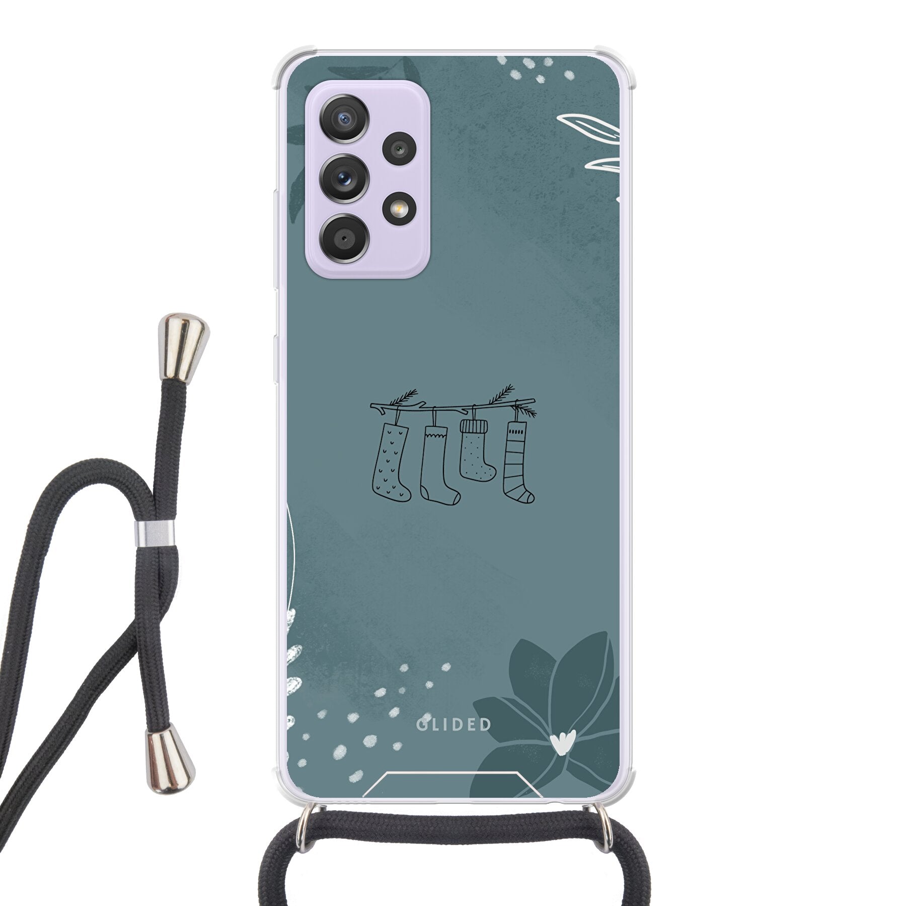 Cozy Handyhülle für Samsung Galaxy A52 mit Weihnachtsmotiven, zeigt niedliche Weihnachtssocken auf einem stimmungsvollen Hintergrund.