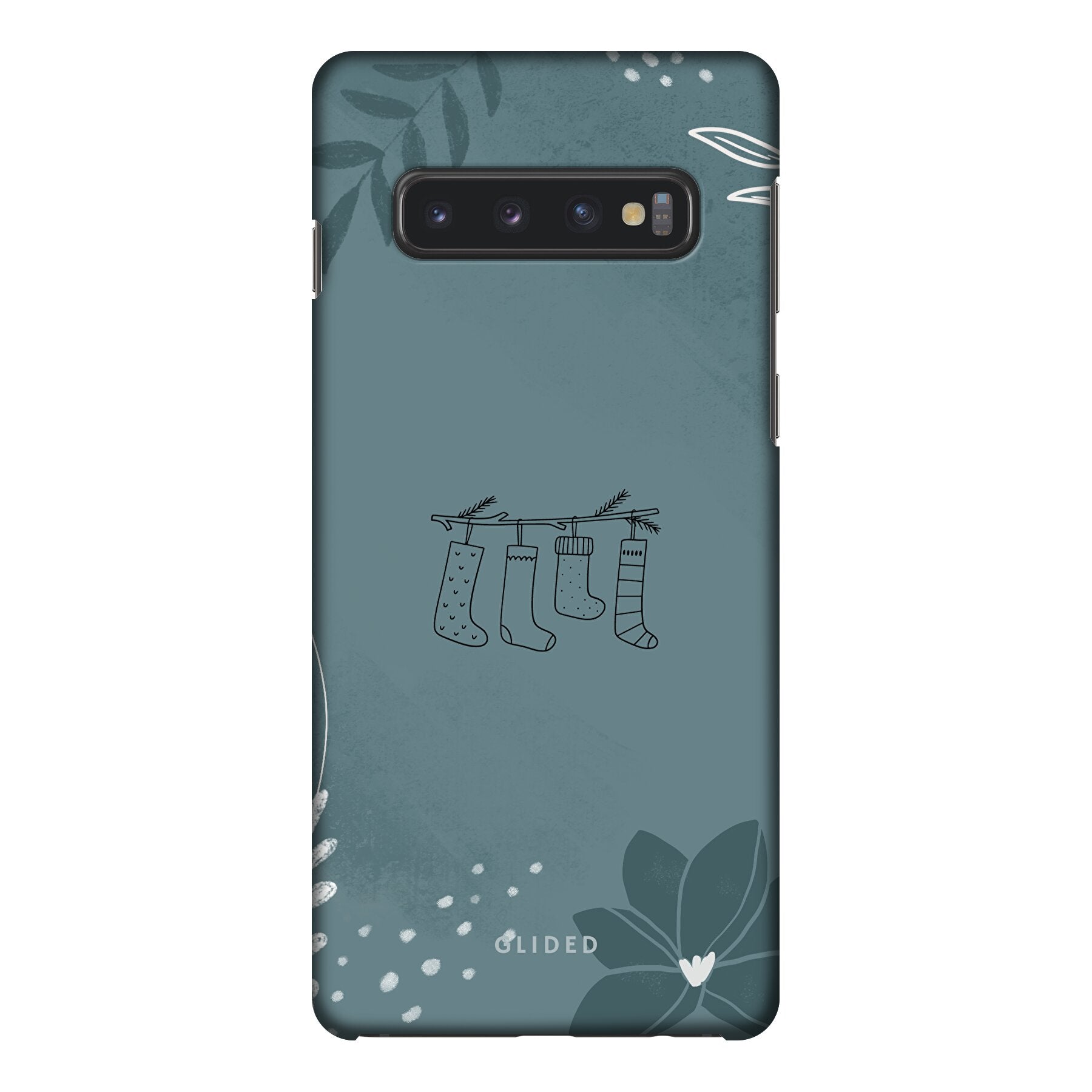 Cozy Samsung Galaxy S10 Handyhülle mit niedlichen Weihnachtssocken auf festlichem Hintergrund, idealer Schutz für dein Smartphone.