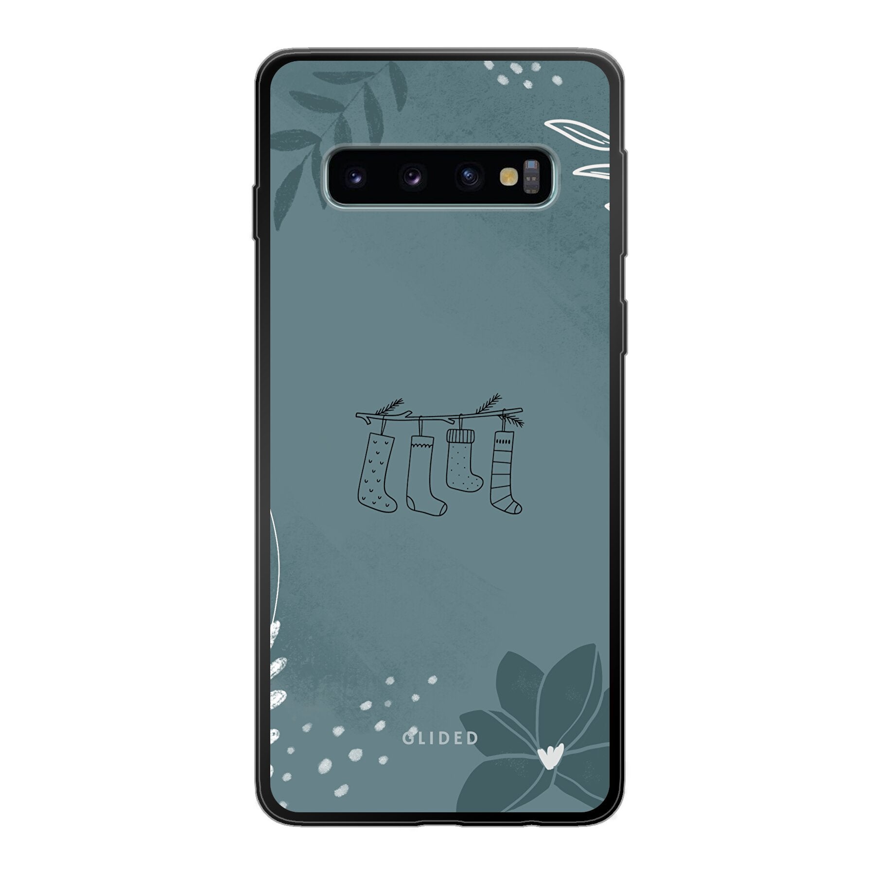 Cozy Samsung Galaxy S10 Handyhülle mit niedlichen Weihnachtssocken auf festlichem Hintergrund, idealer Schutz für dein Smartphone.