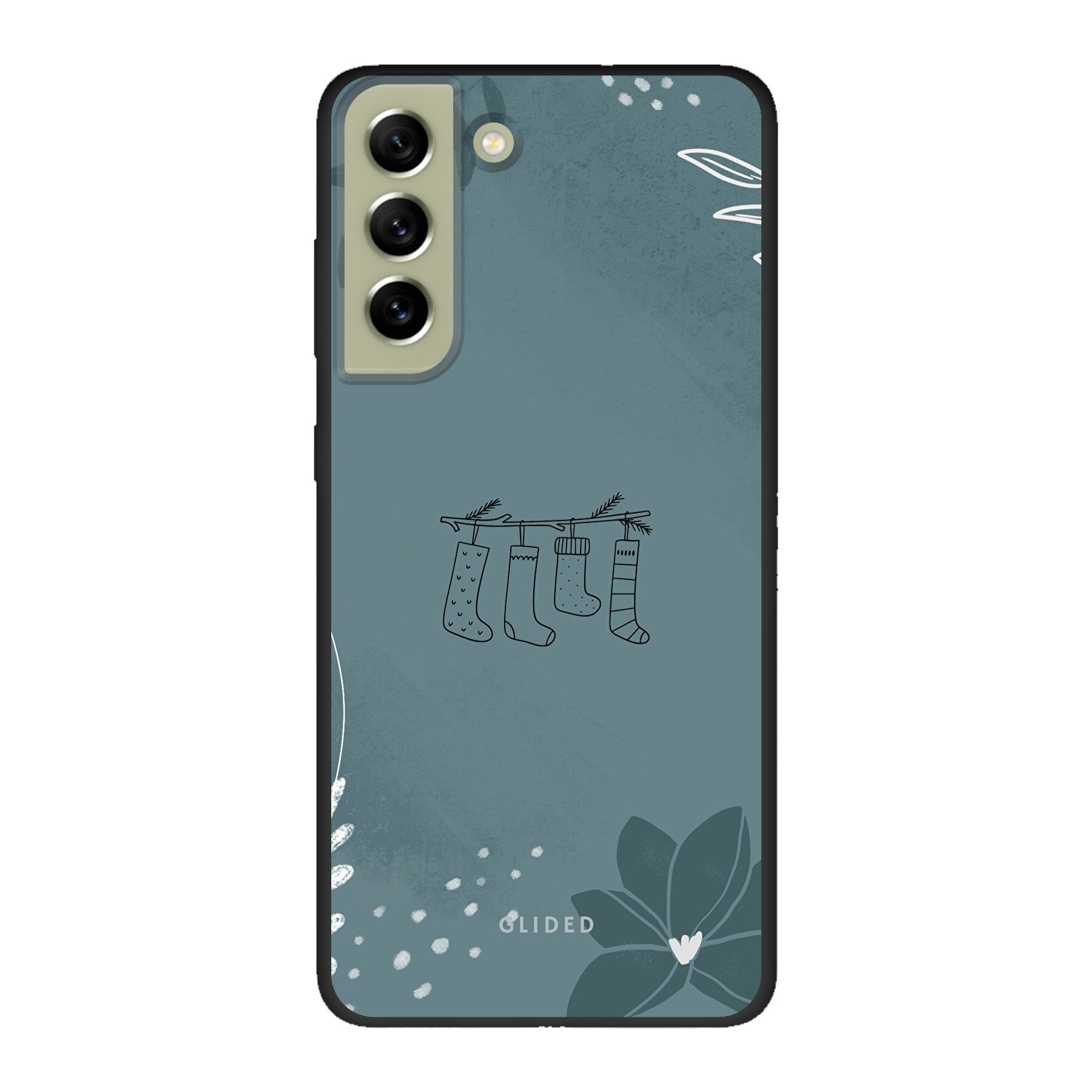 Cozy Handyhülle für Samsung Galaxy S21 FE mit niedlichen Weihnachtssocken auf festlichem Hintergrund, idealer Schutz und stilvolles Design.