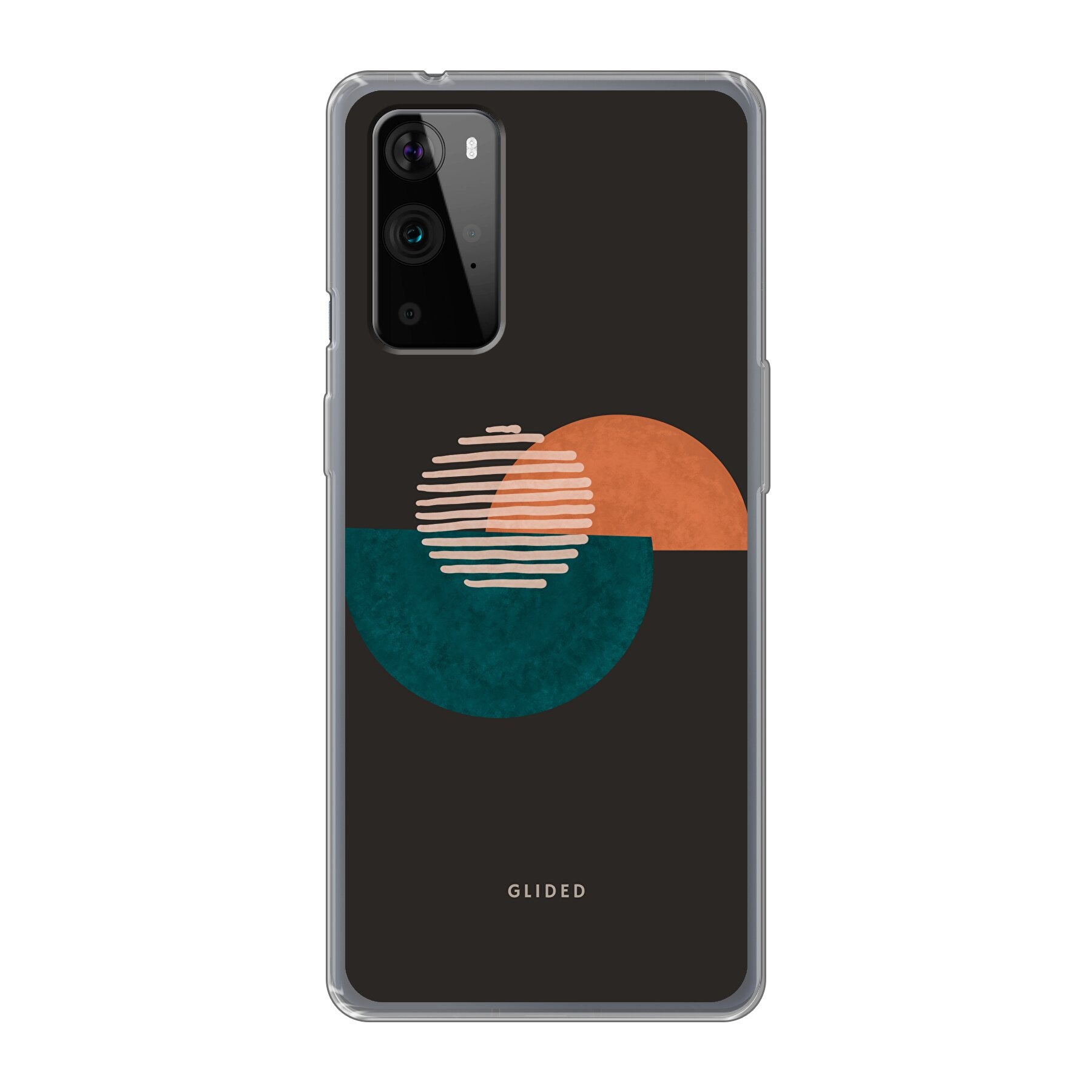 Crest Handyhülle für OnePlus 9 Pro mit abstraktem Kreismuster auf dunklem Hintergrund, bietet stilvollen Schutz und modernen Look.