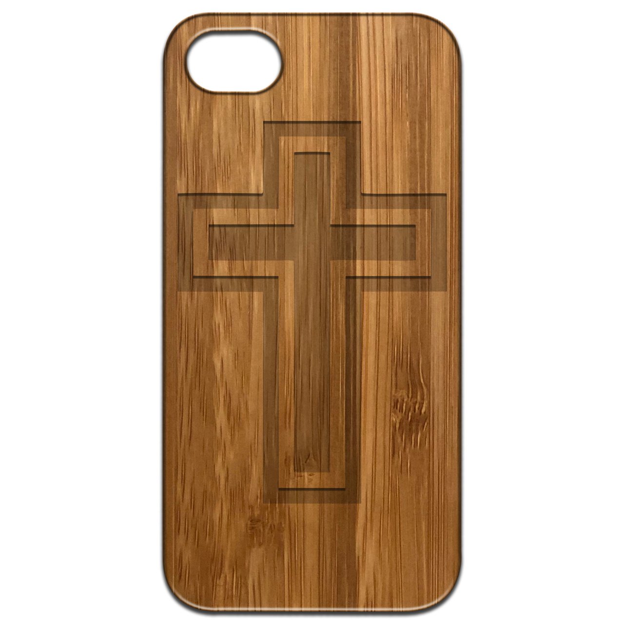 Cross 1 - Engraved wooden phone case showcasing unique laser-engraved design and durable construction.