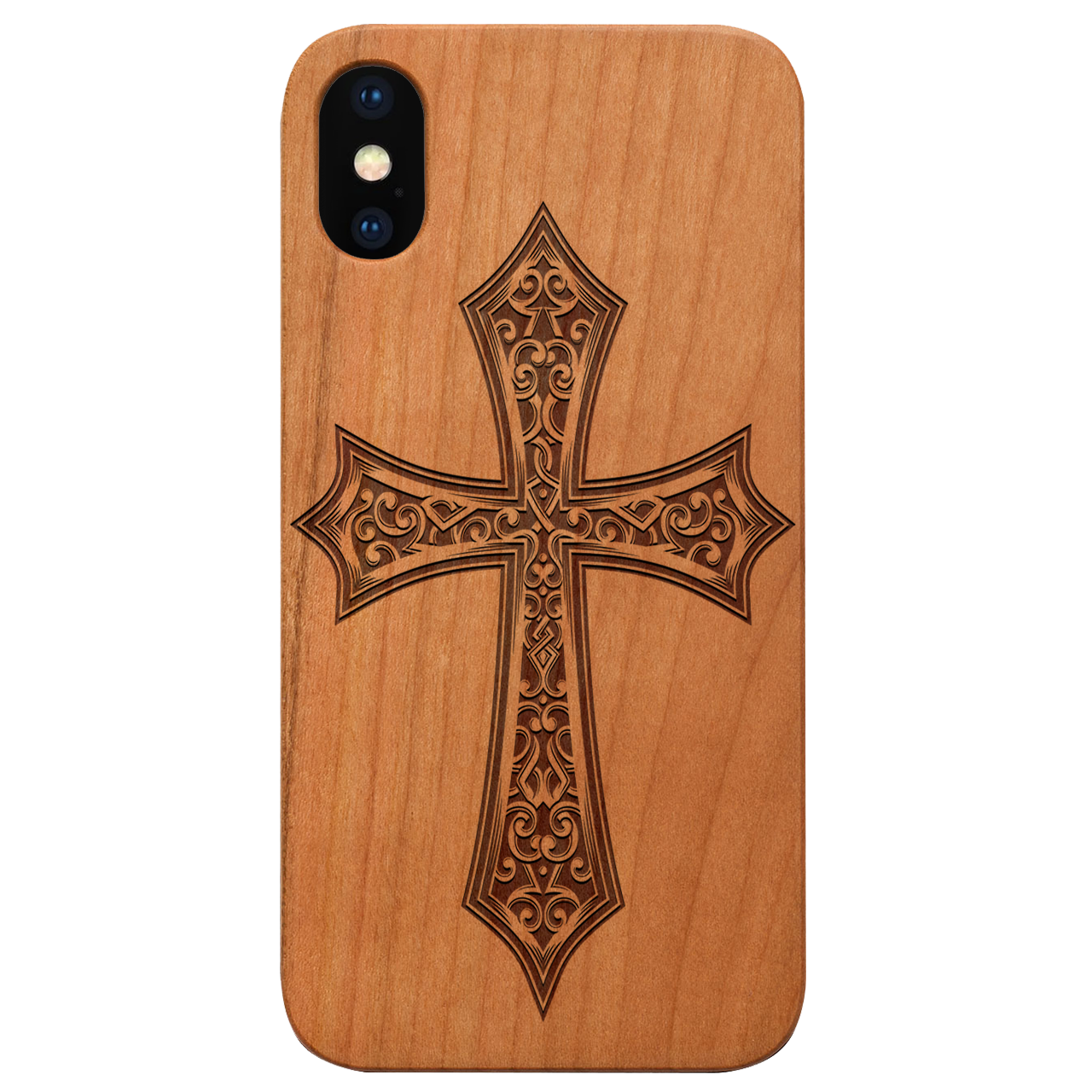 Cross 2 - Engraved wooden phone case showcasing unique laser-engraved design and natural wood finish.