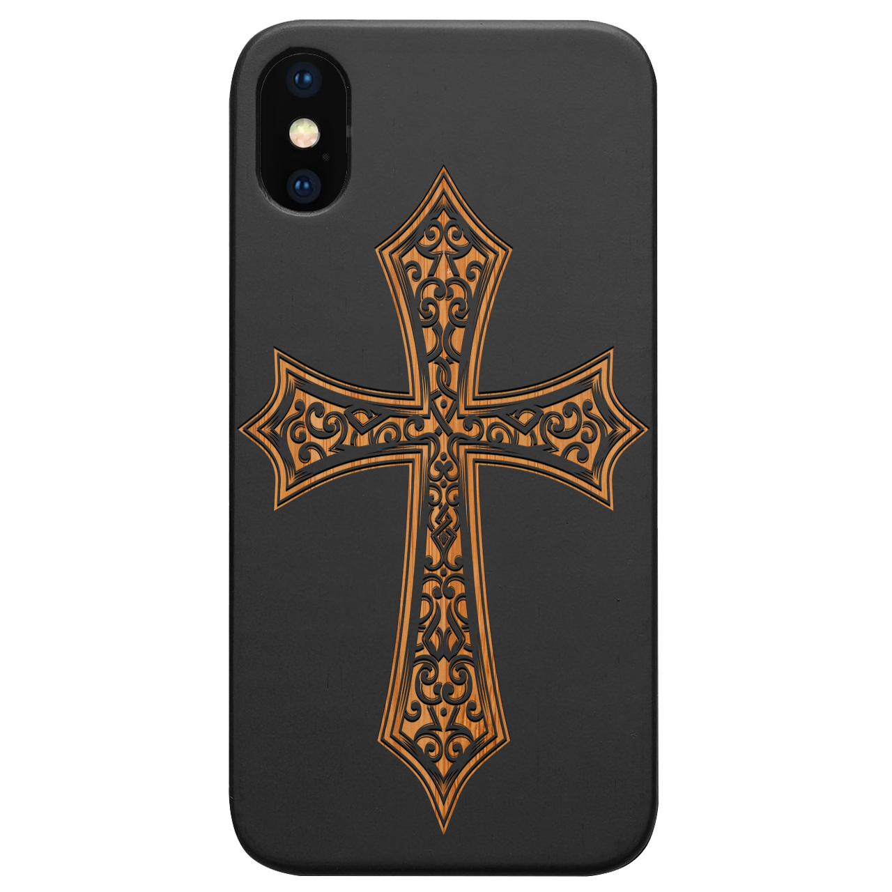 Cross 2 - Engraved wooden phone case showcasing unique laser-engraved design and natural wood finish.