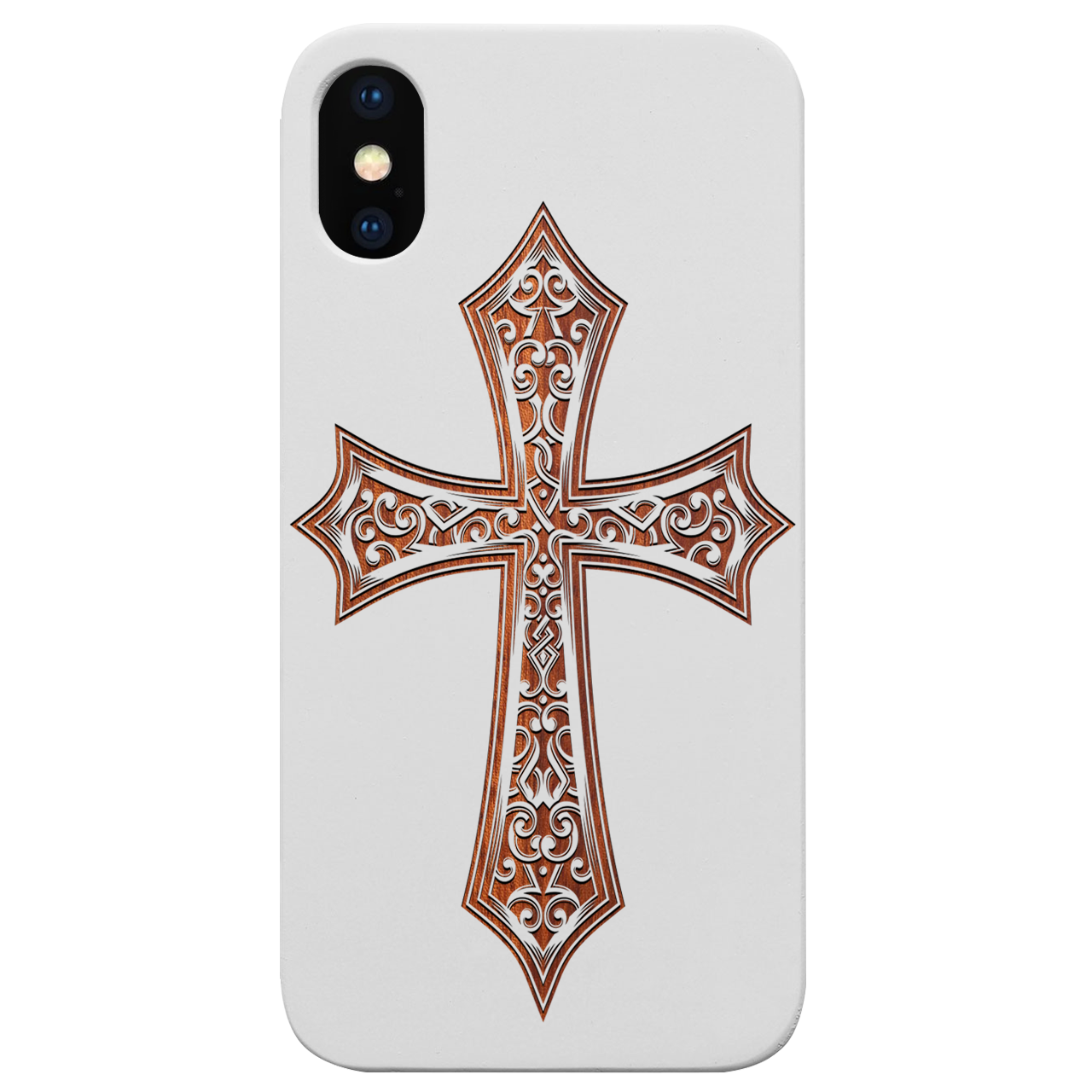 Cross 2 - Engraved wooden phone case showcasing unique laser-engraved design and natural wood finish.