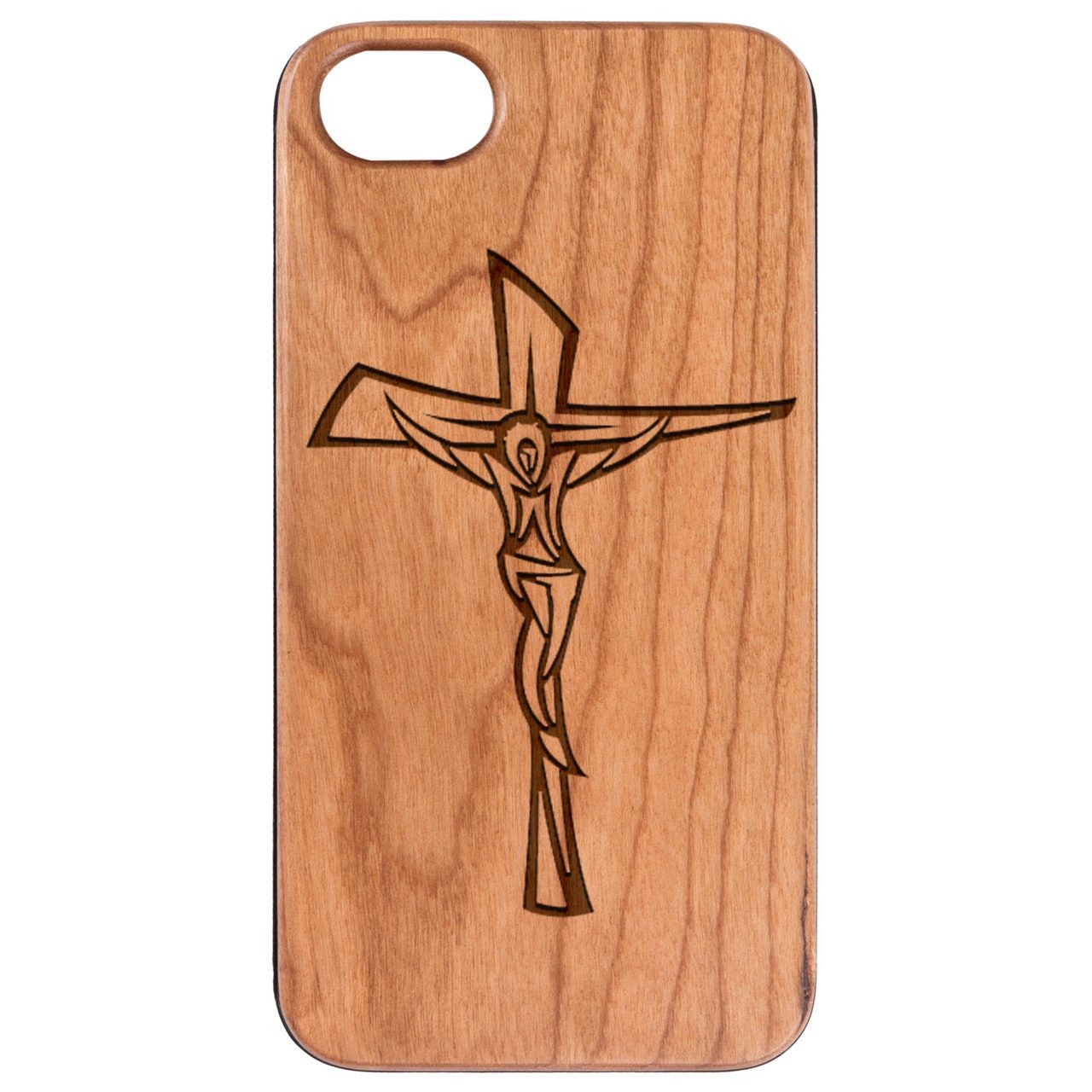 Engraved Crucifix wooden phone case showcasing intricate design and durable construction for iPhone and Samsung models.