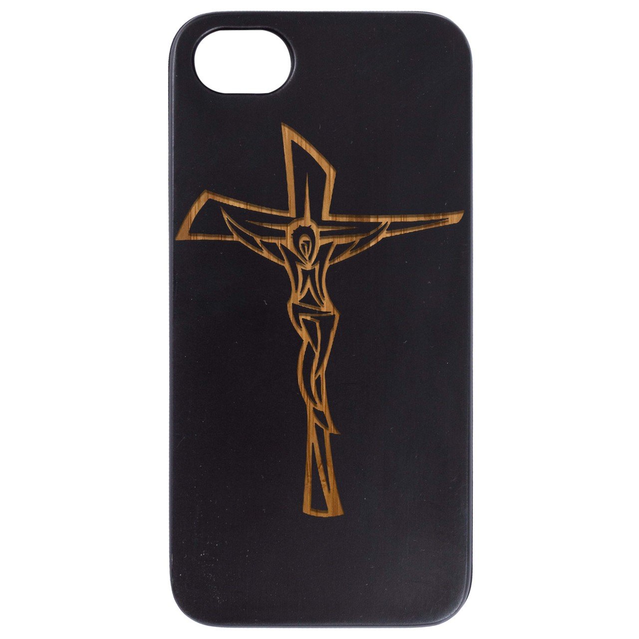 Engraved Crucifix wooden phone case showcasing intricate design and durable construction for iPhone and Samsung models.