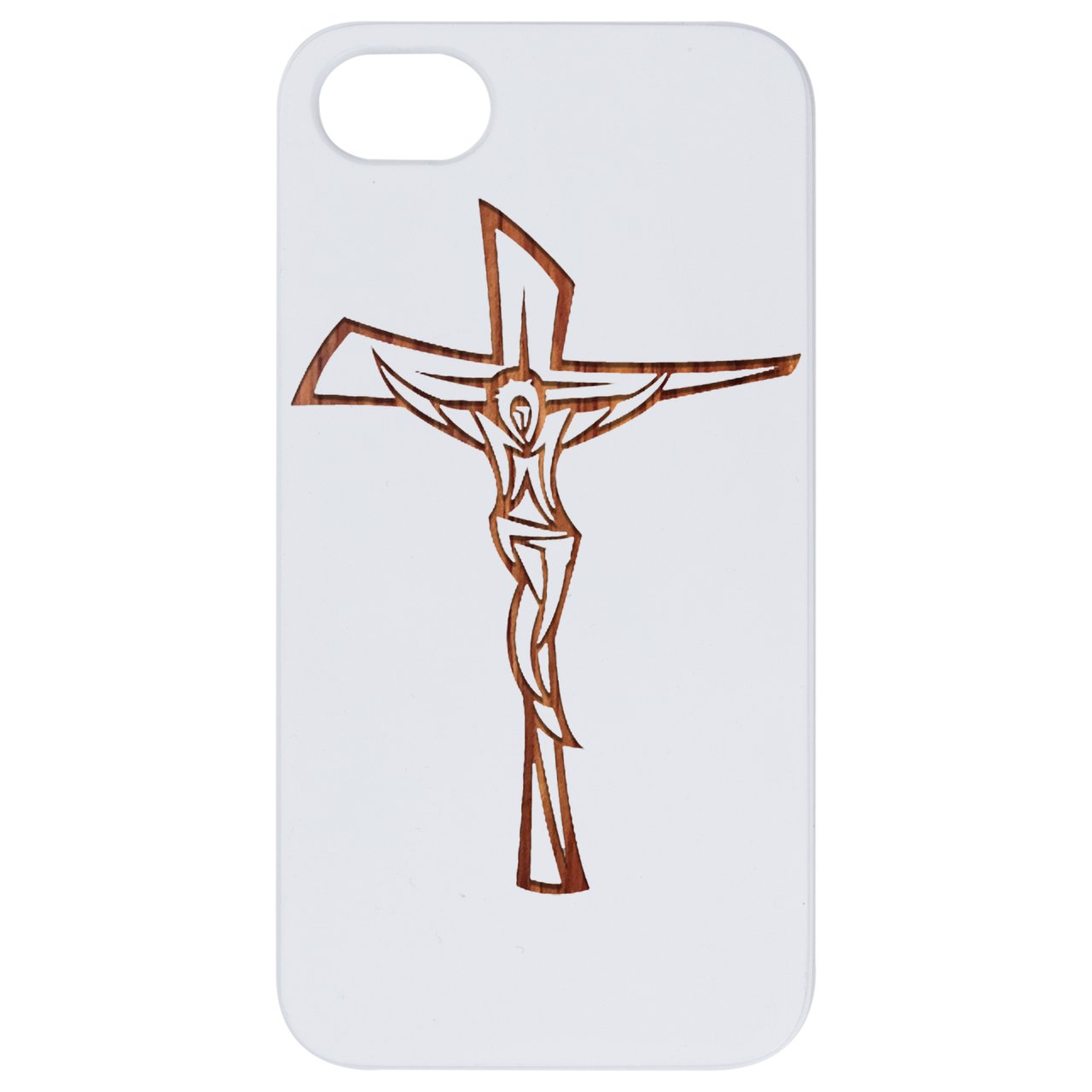 Engraved Crucifix wooden phone case showcasing intricate design and durable construction for iPhone and Samsung models.