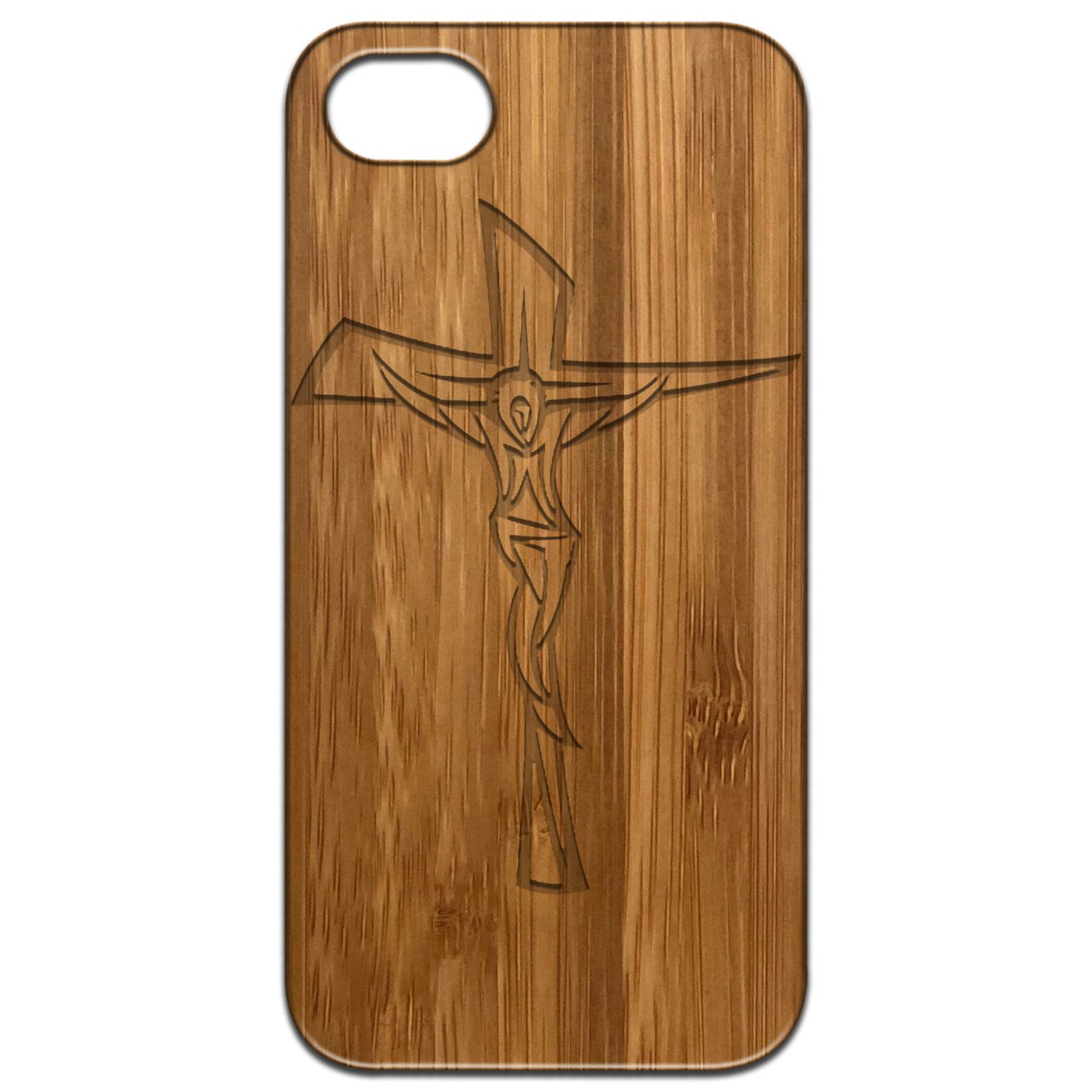 Engraved Crucifix wooden phone case showcasing intricate design and durable construction for iPhone and Samsung models.