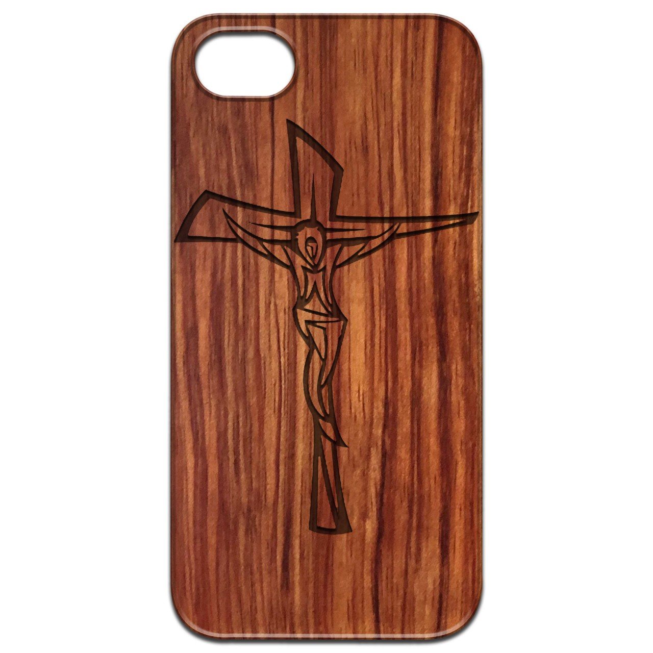 Engraved Crucifix wooden phone case showcasing intricate design and durable construction for iPhone and Samsung models.