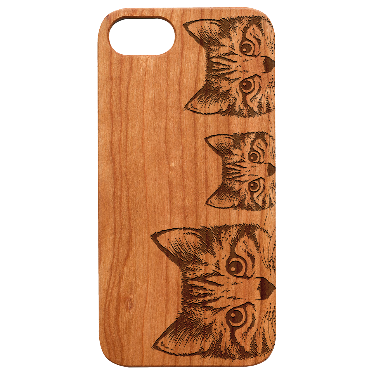 Curious Cats engraved wooden phone case showcasing intricate designs and natural wood finish.