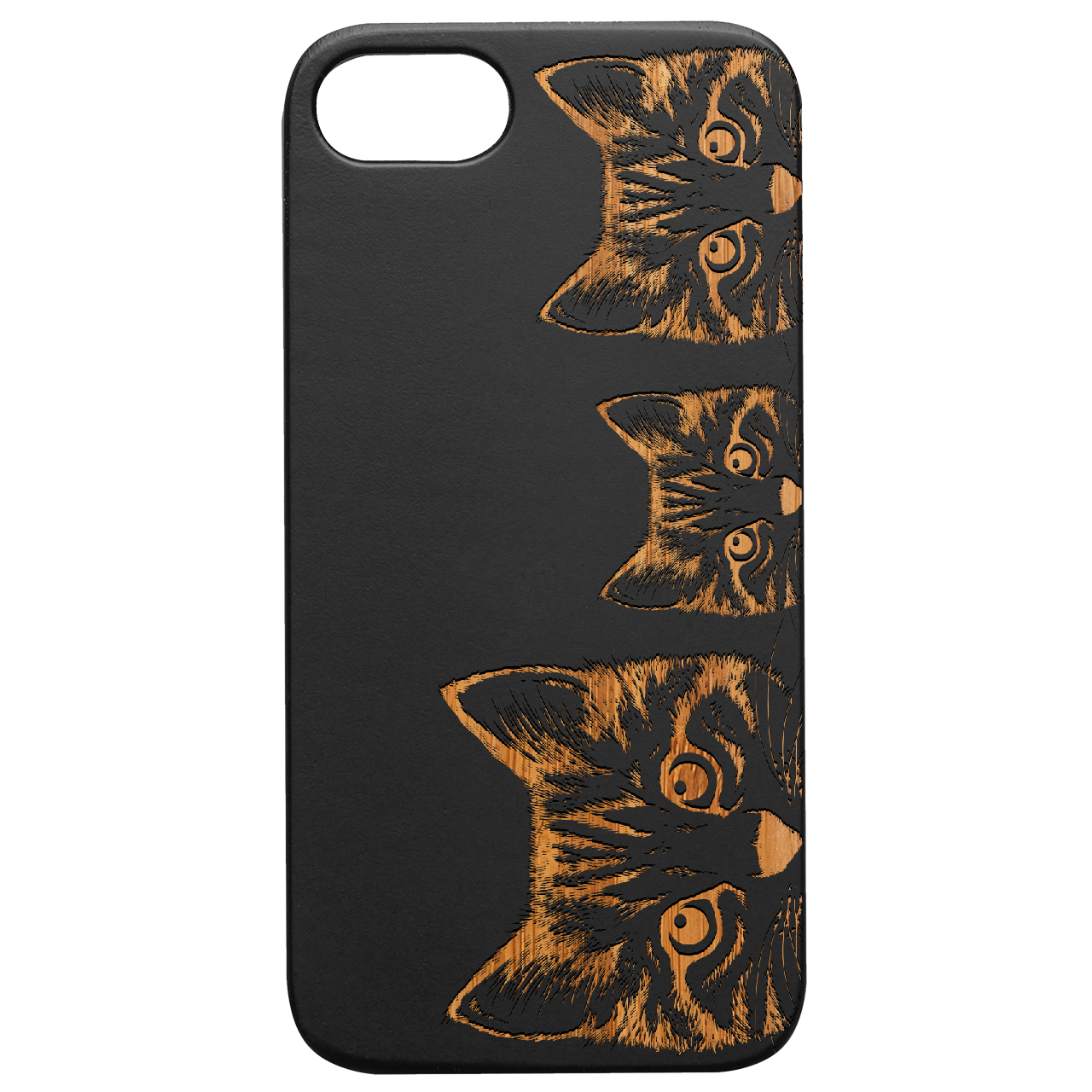 Curious Cats engraved wooden phone case showcasing intricate designs and natural wood finish.