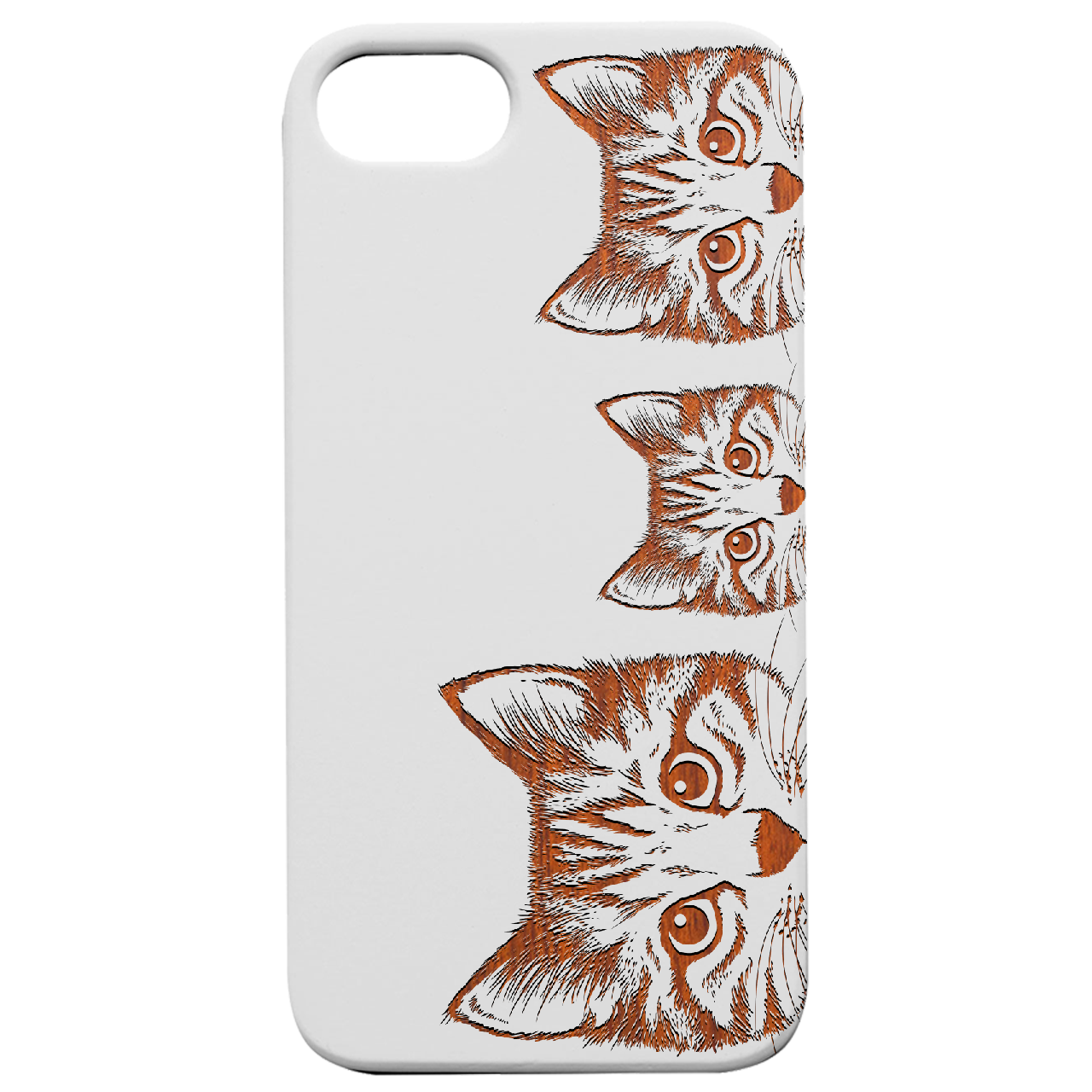 Curious Cats engraved wooden phone case showcasing intricate designs and natural wood finish.