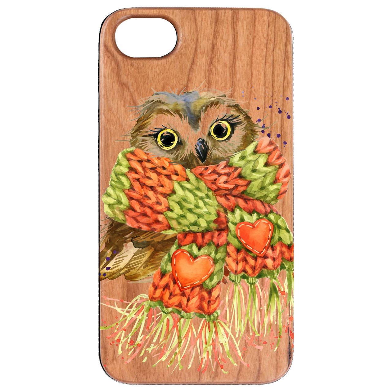 Cute Owl UV Color Printed phone case showcasing vibrant design and natural wood texture.