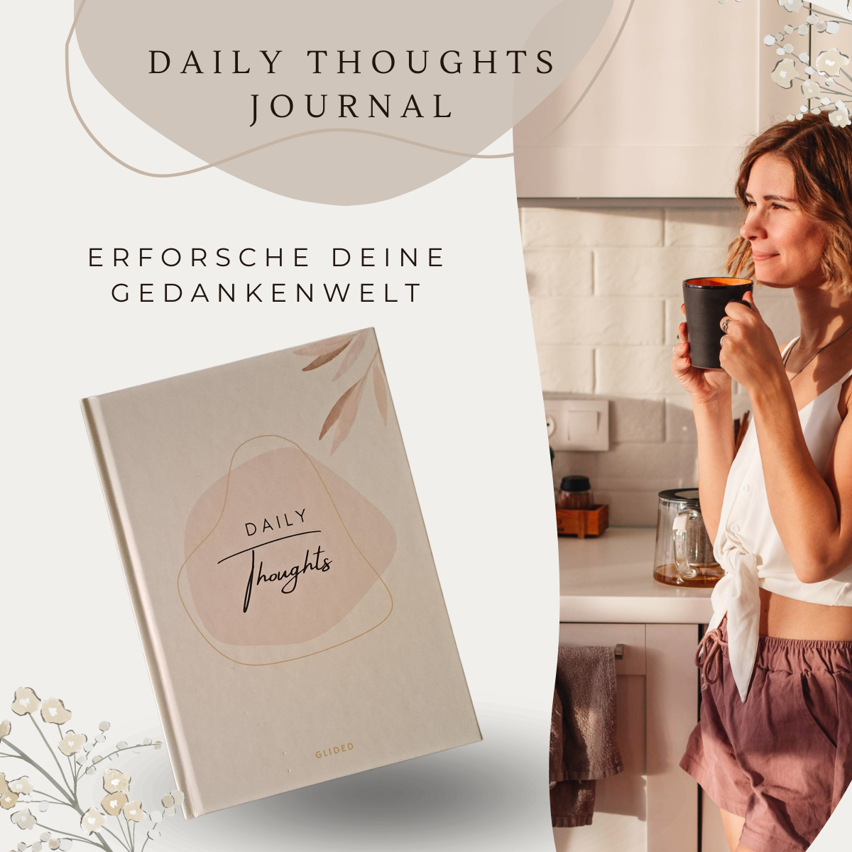 Daily Thoughts Journal von Glided in sanften Brauntönen, A5-Hardcover, ideal für tägliche Selbstreflexion und kreative Gedanken.