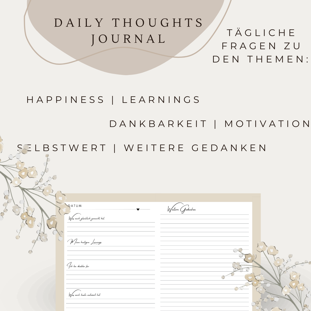 Daily Thoughts Journal von Glided in sanften Brauntönen, A5-Hardcover, ideal für tägliche Selbstreflexion und kreative Gedanken.