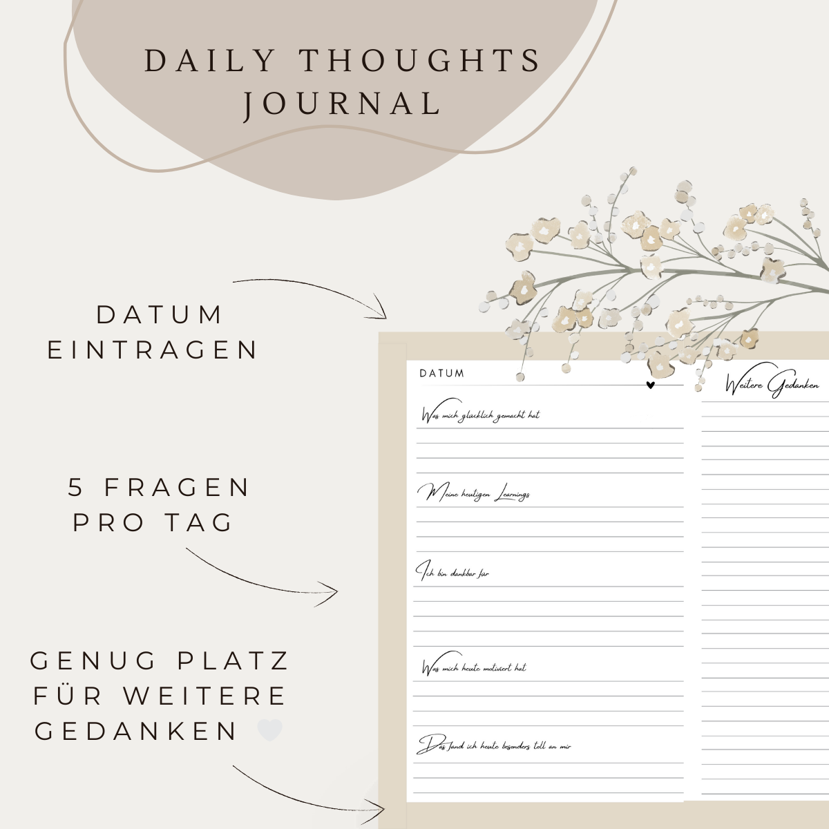 Daily Thoughts Journal von Glided in sanften Brauntönen, A5-Hardcover, ideal für tägliche Selbstreflexion und kreative Gedanken.