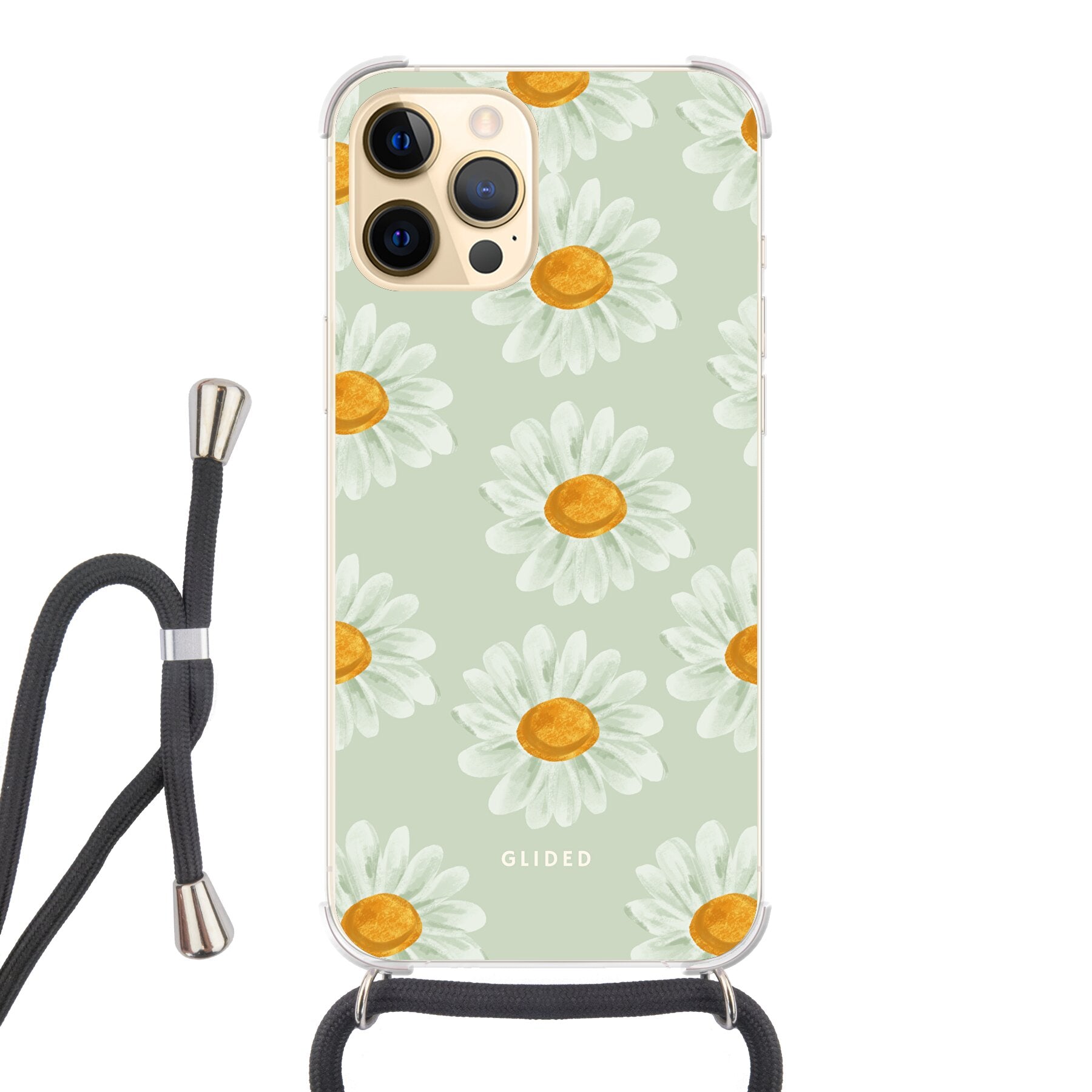 Daisy Handyhülle für iPhone 12 Pro Max mit lebendigen Gänseblümchen auf einem hellen Hintergrund.