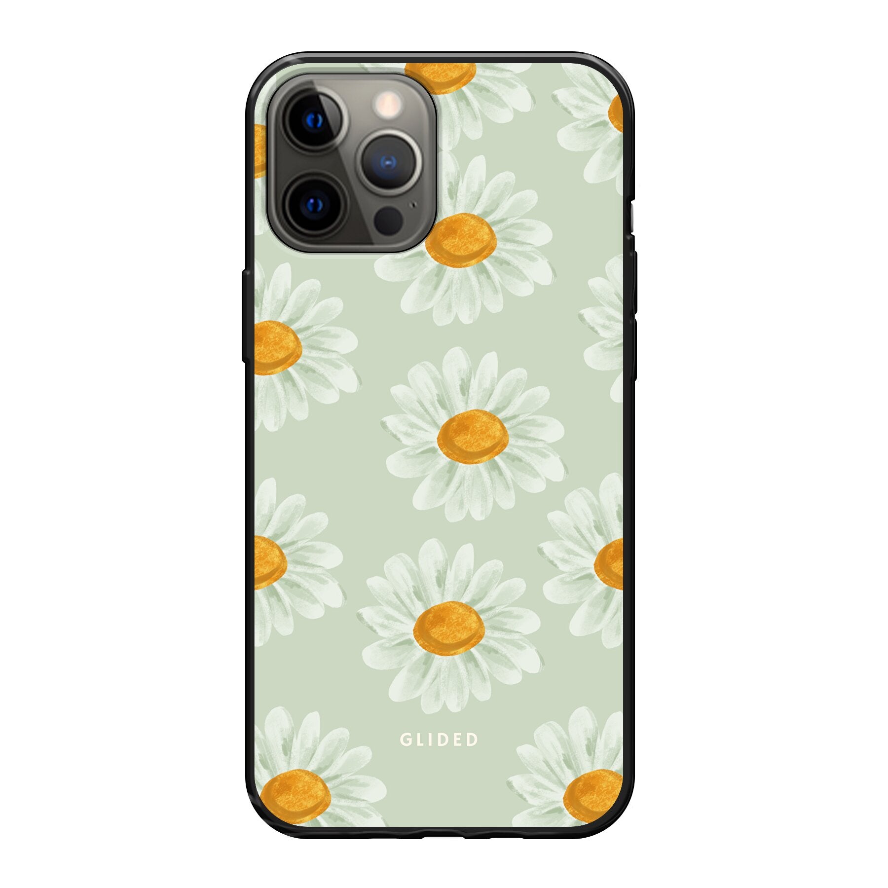 Daisy Handyhülle für iPhone 12 Pro Max mit lebendigen Gänseblümchen auf einem hellen Hintergrund.