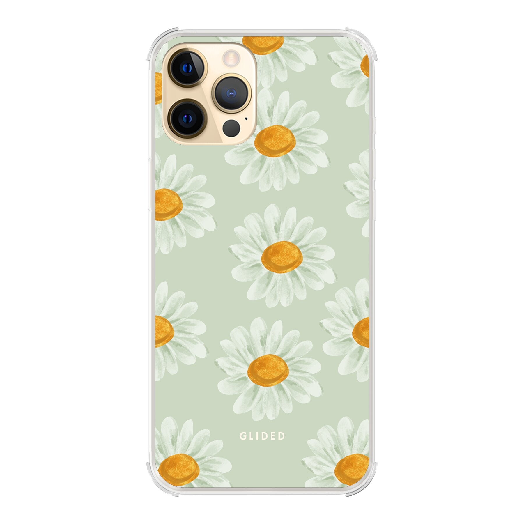 Daisy Handyhülle für iPhone 12 Pro Max mit lebendigen Gänseblümchen auf einem hellen Hintergrund.